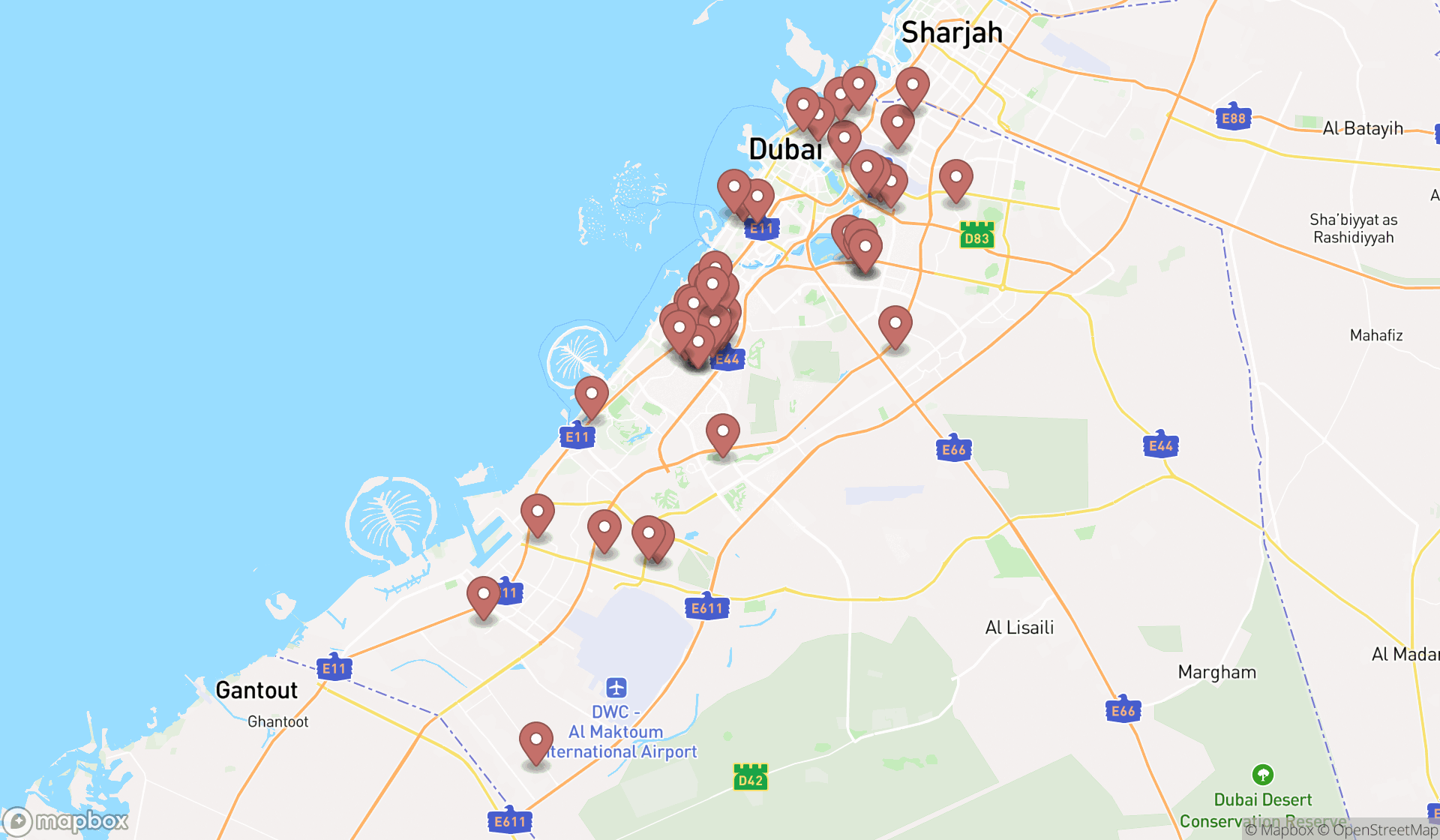 Map showing the search results in Dubai