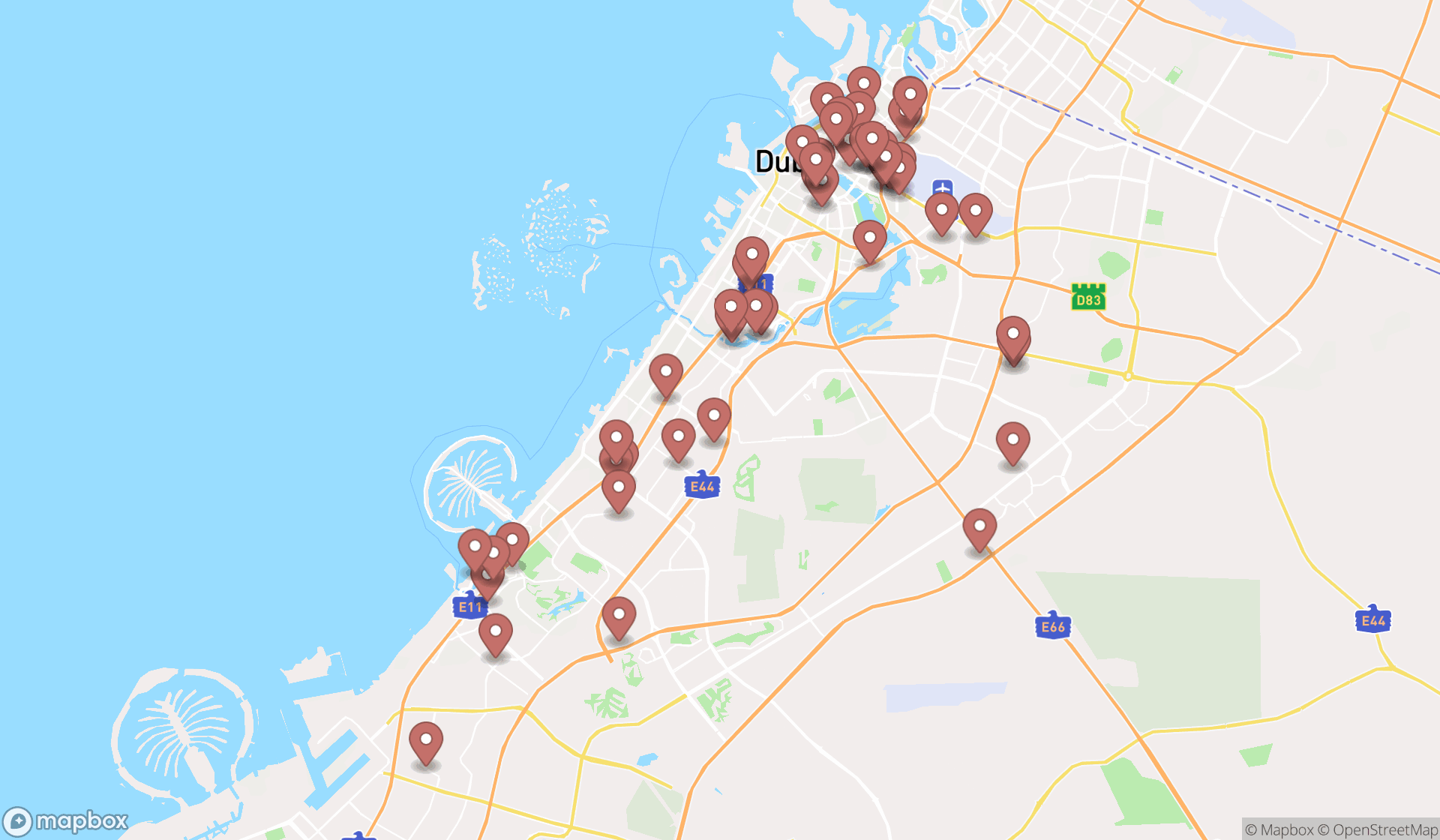 Map showing the search results in Dubai