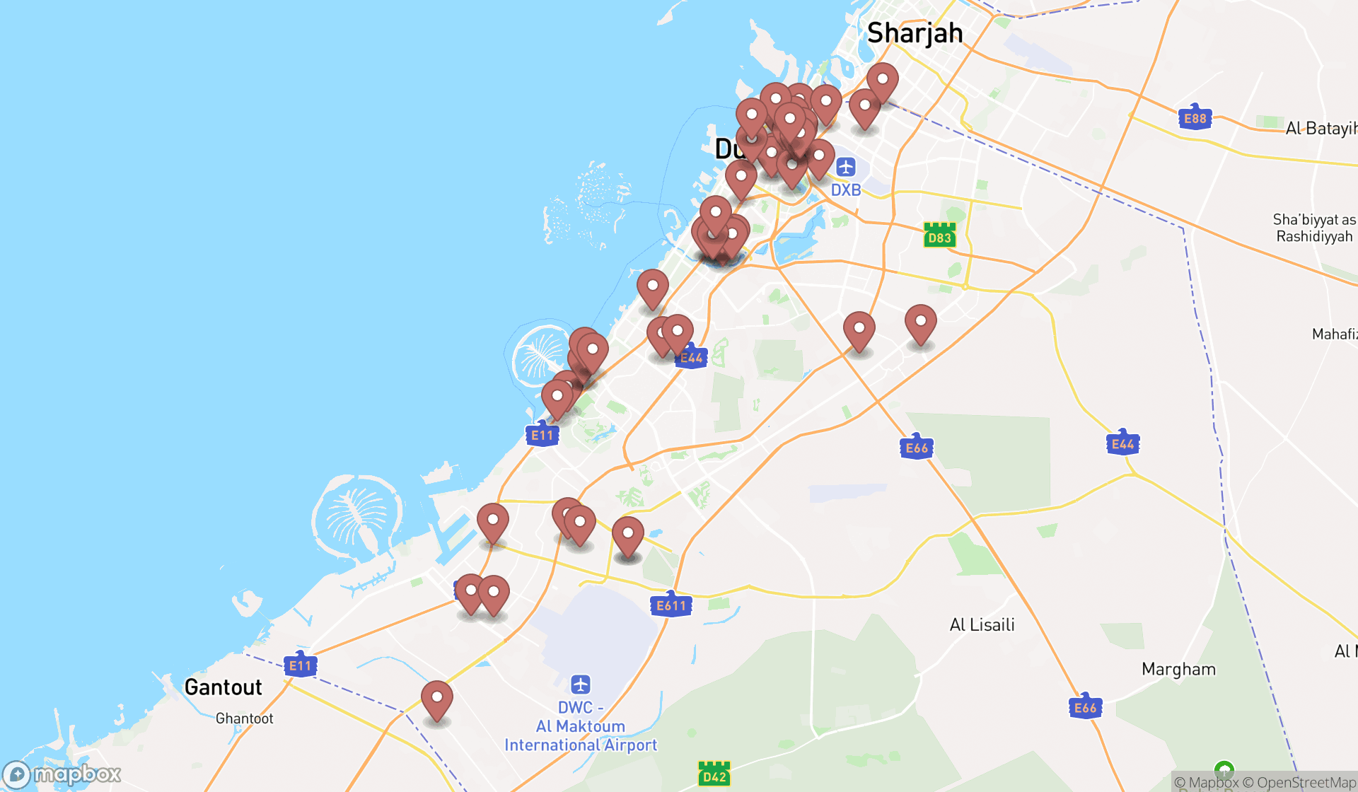 Map showing the search results in Dubai