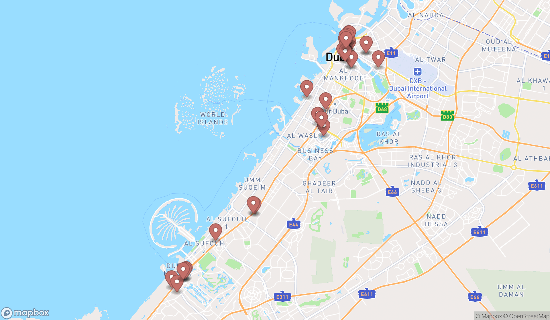 Map showing the search results in Dubai