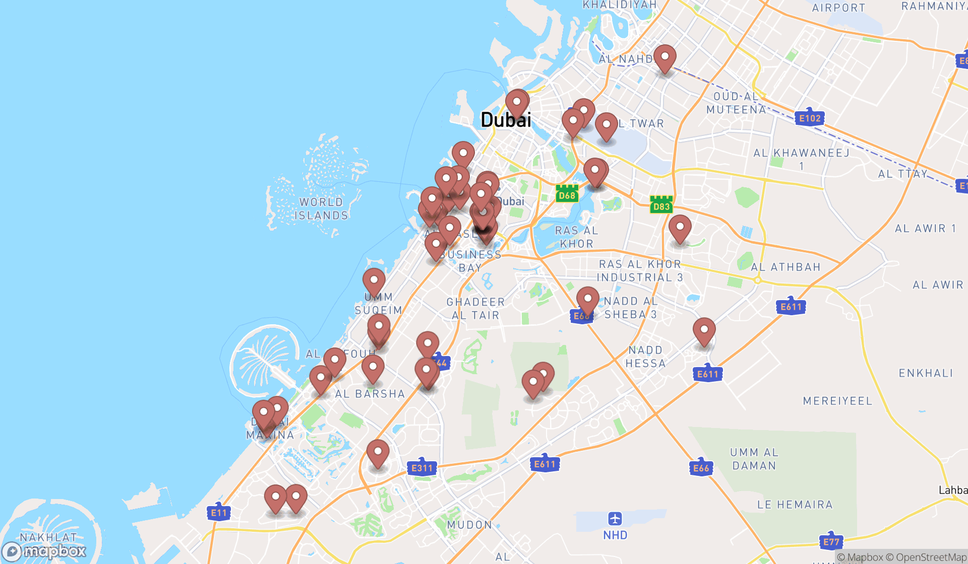 Map showing the search results in Dubai