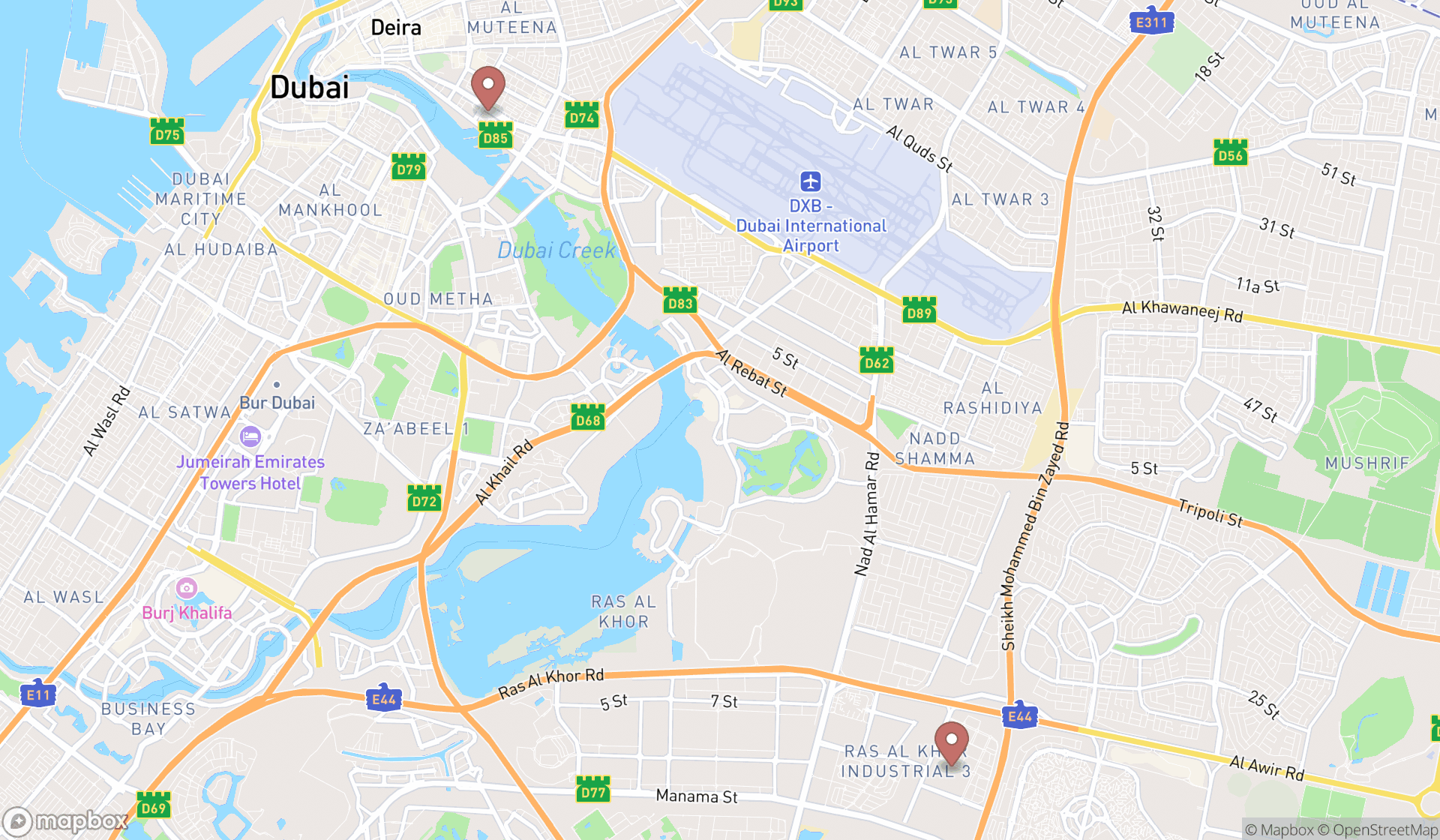 Map showing the search results in Dubai