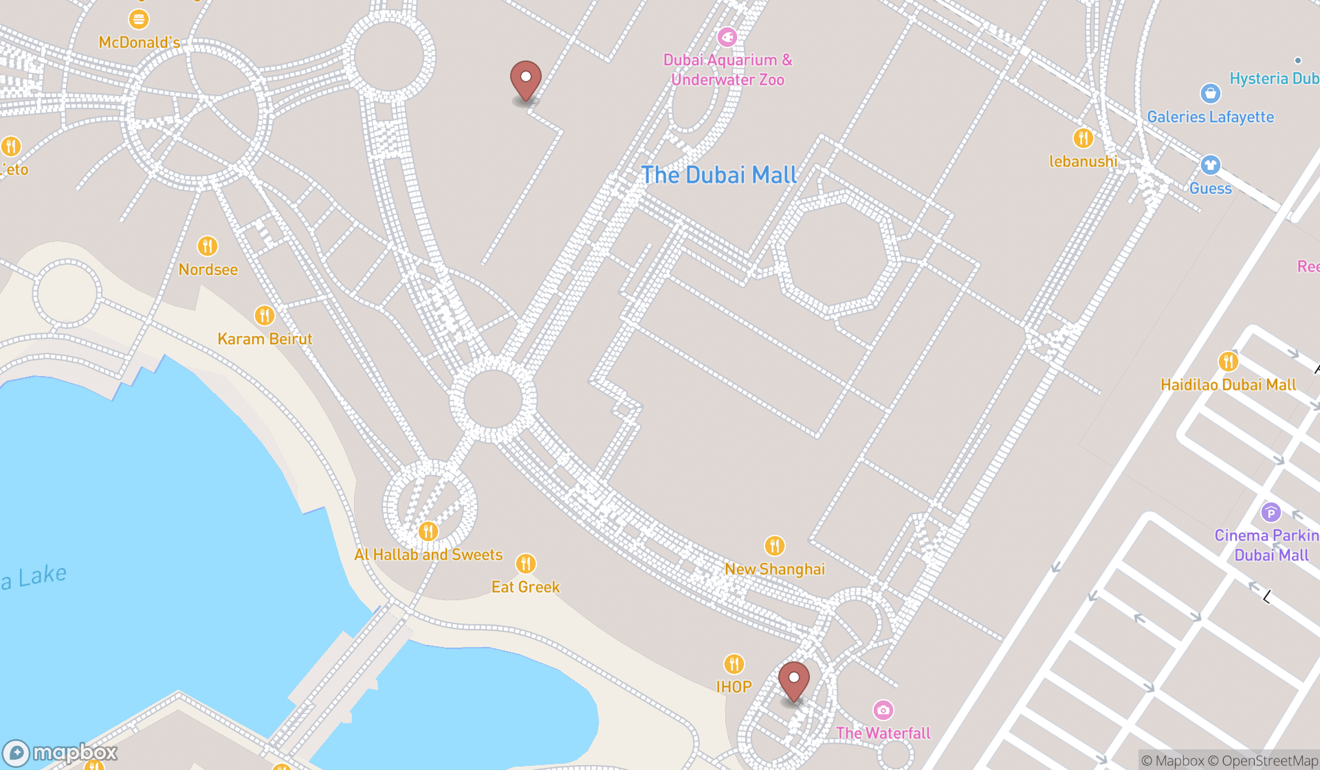Map showing the search results in Dubai