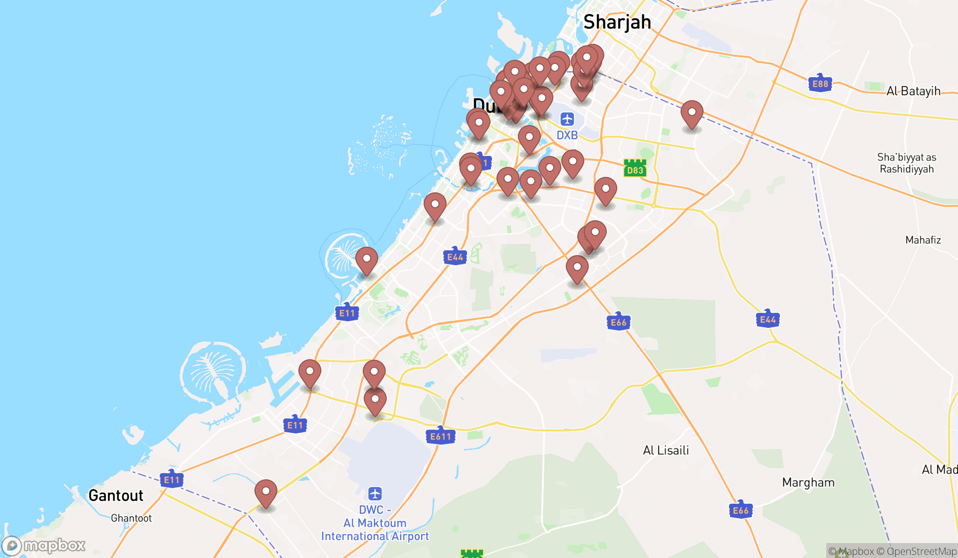 Map showing the search results in Dubai