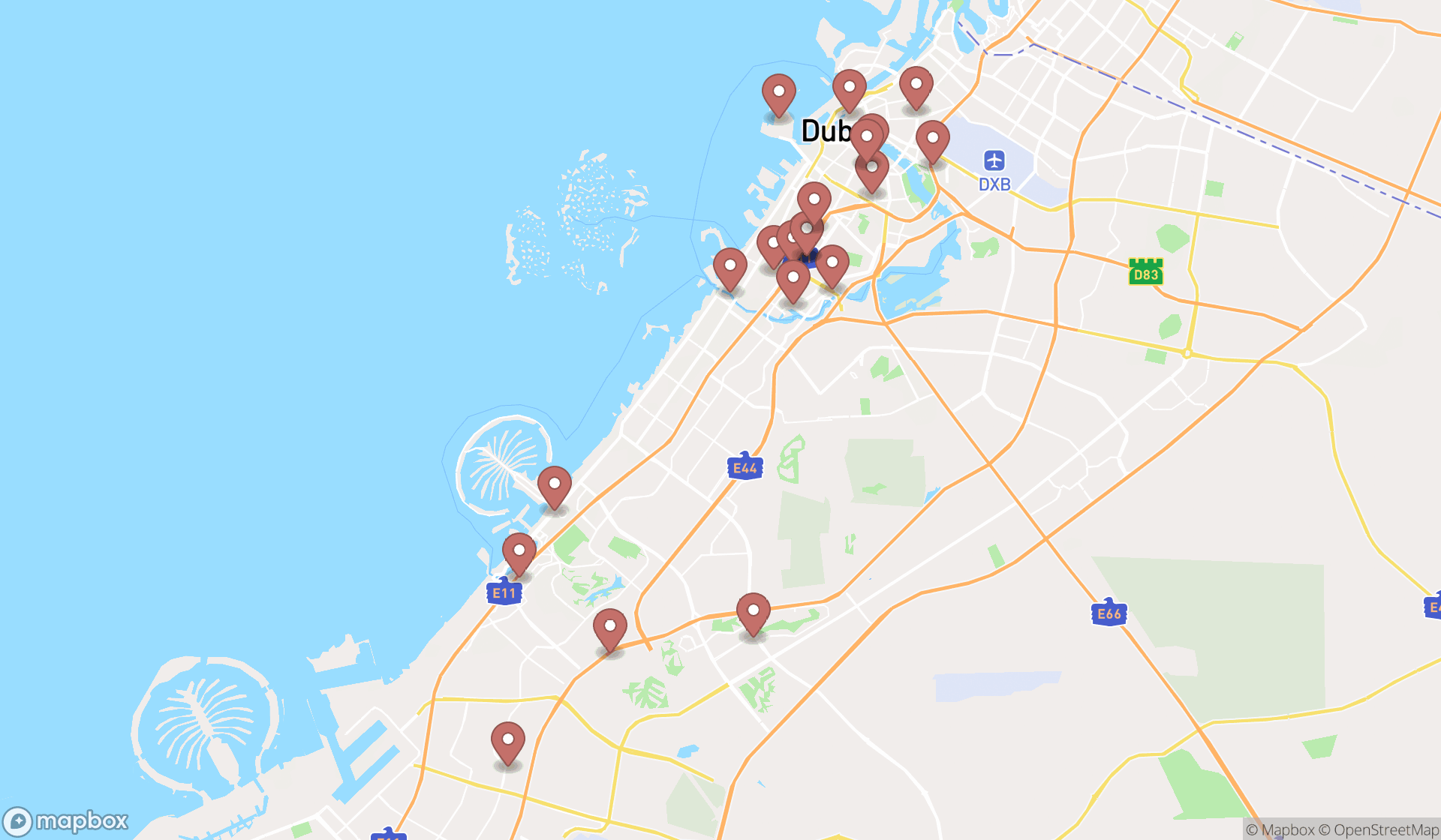 Map showing the search results in Dubai