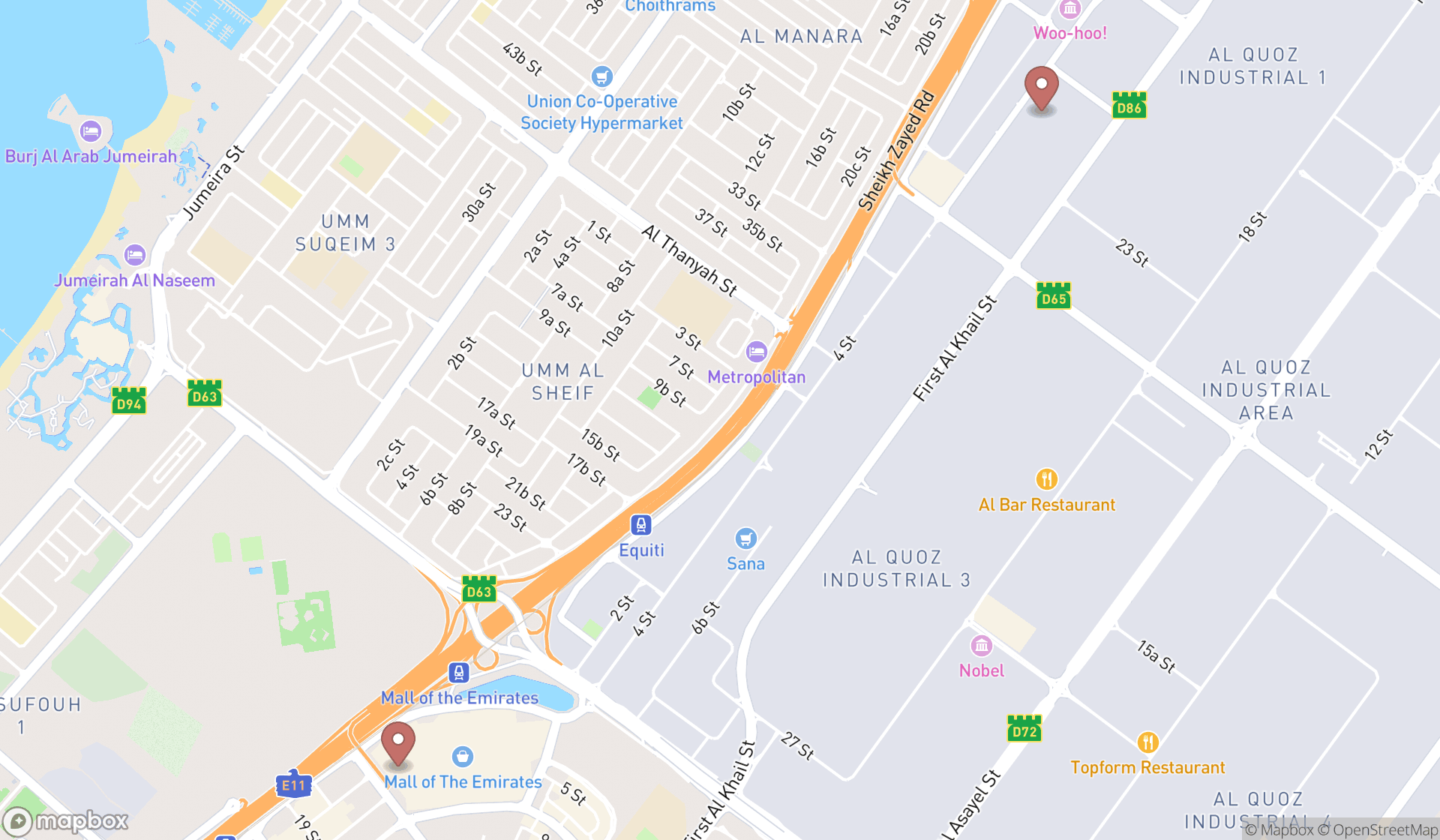 Map showing the search results in Dubai