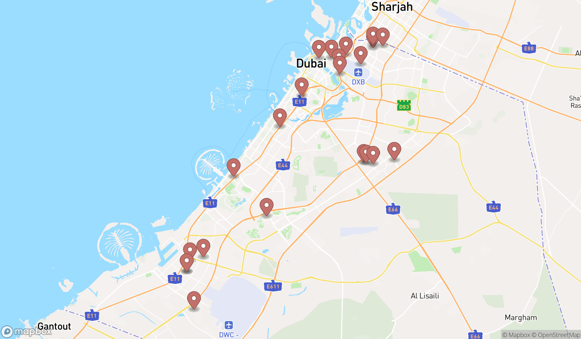 Map showing the search results in Dubai