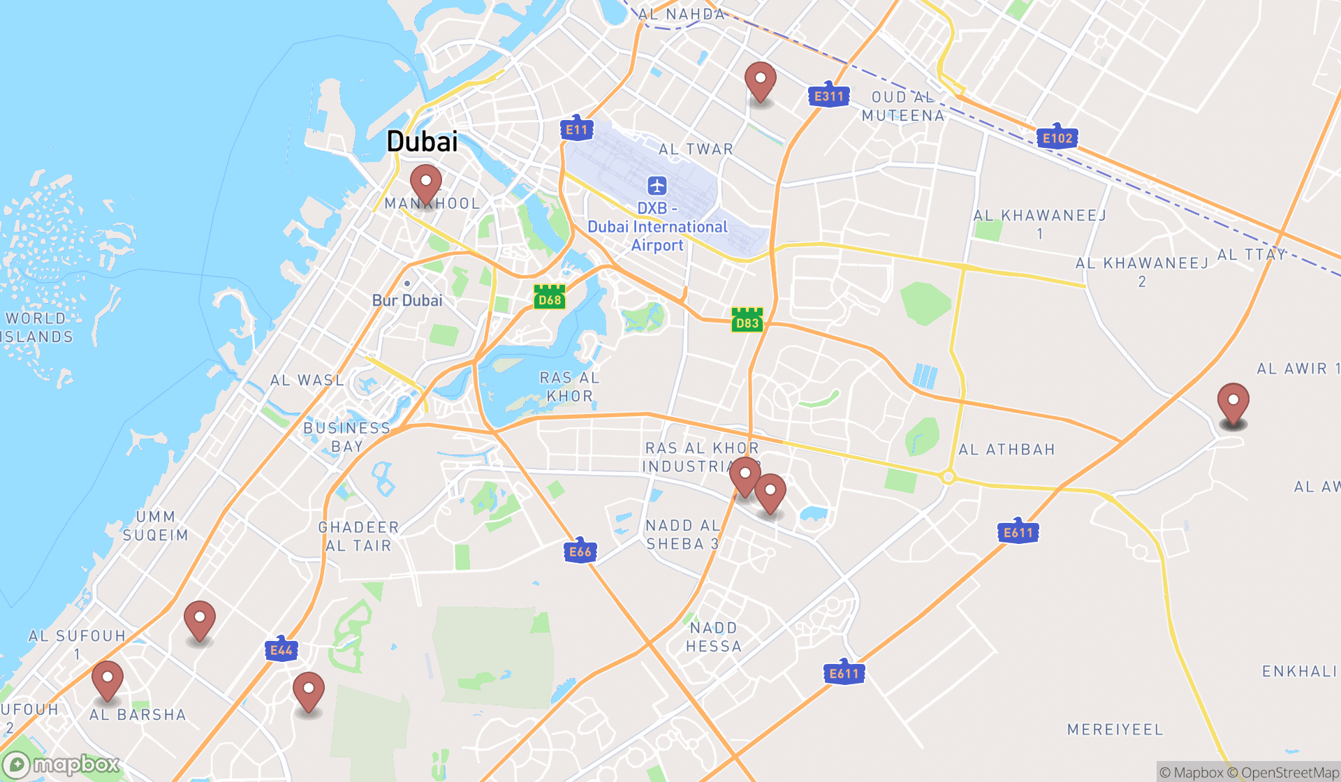 Map showing the search results in Dubai