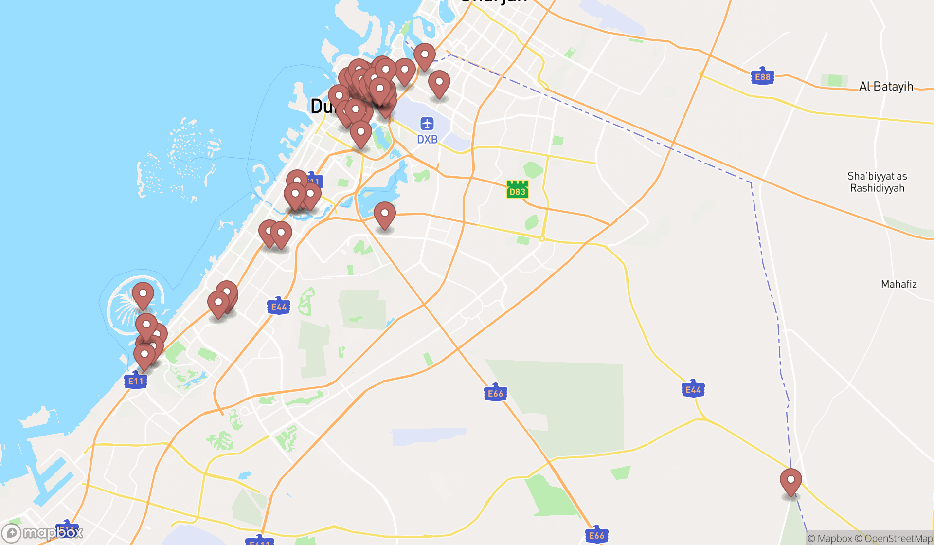 Map showing the search results in Dubai
