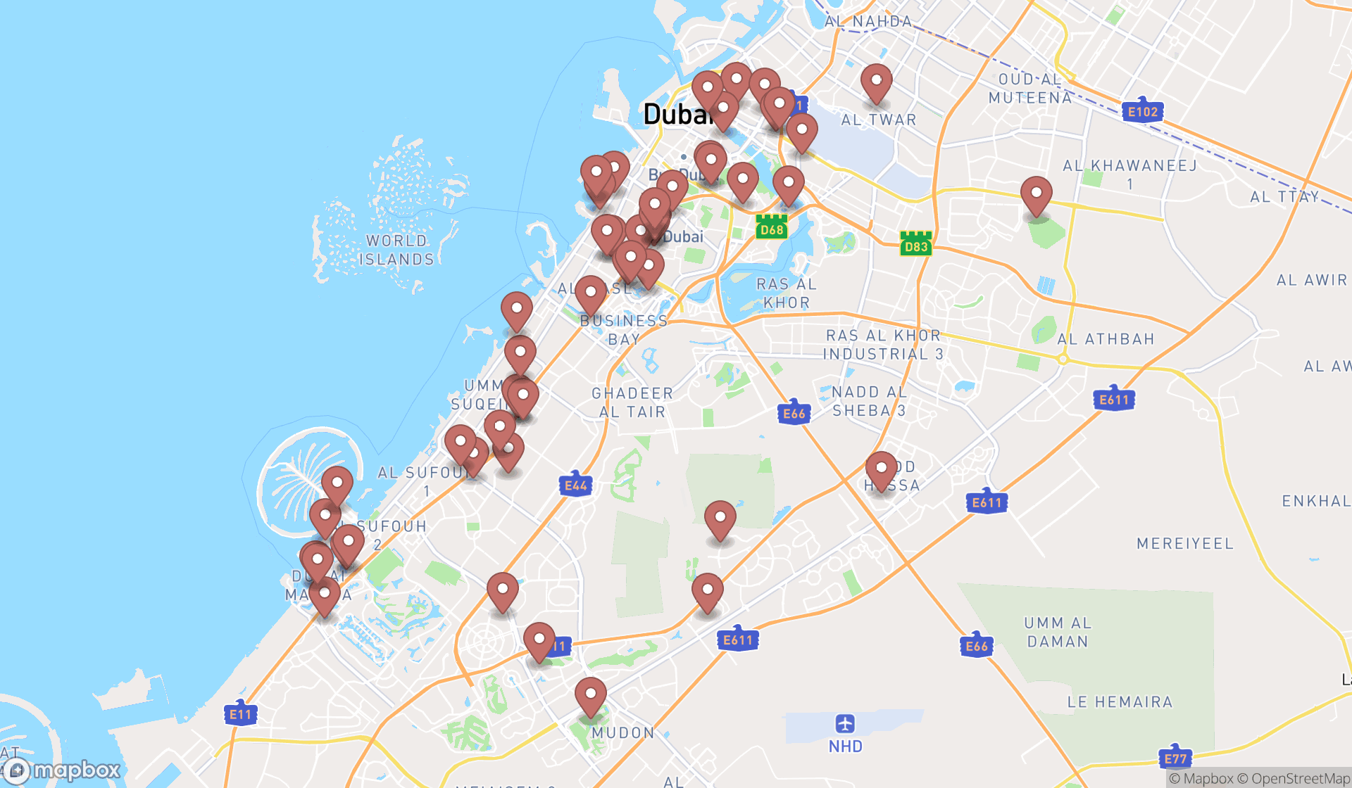 Map showing the search results in Dubai