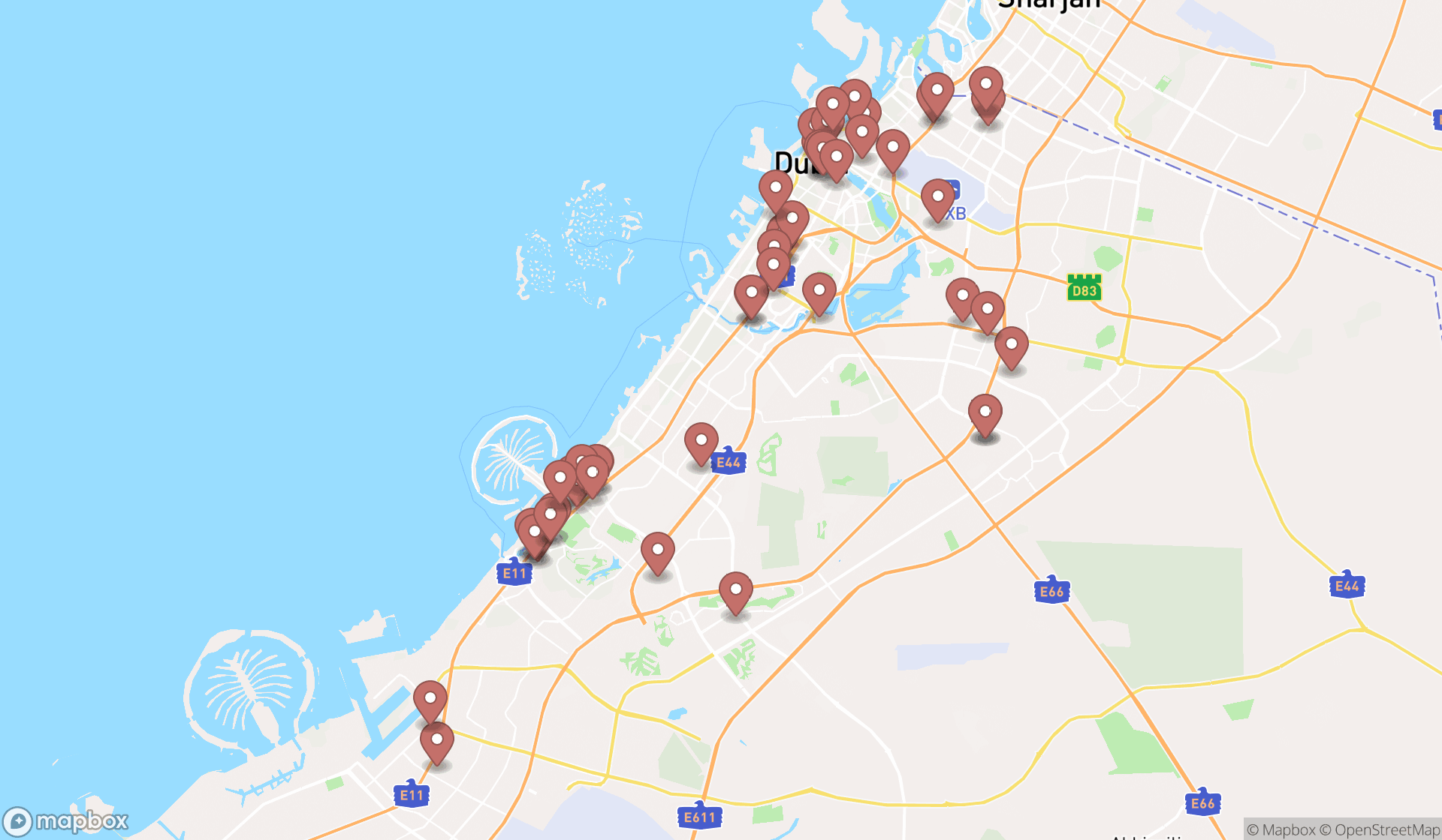 Map showing the search results in Dubai