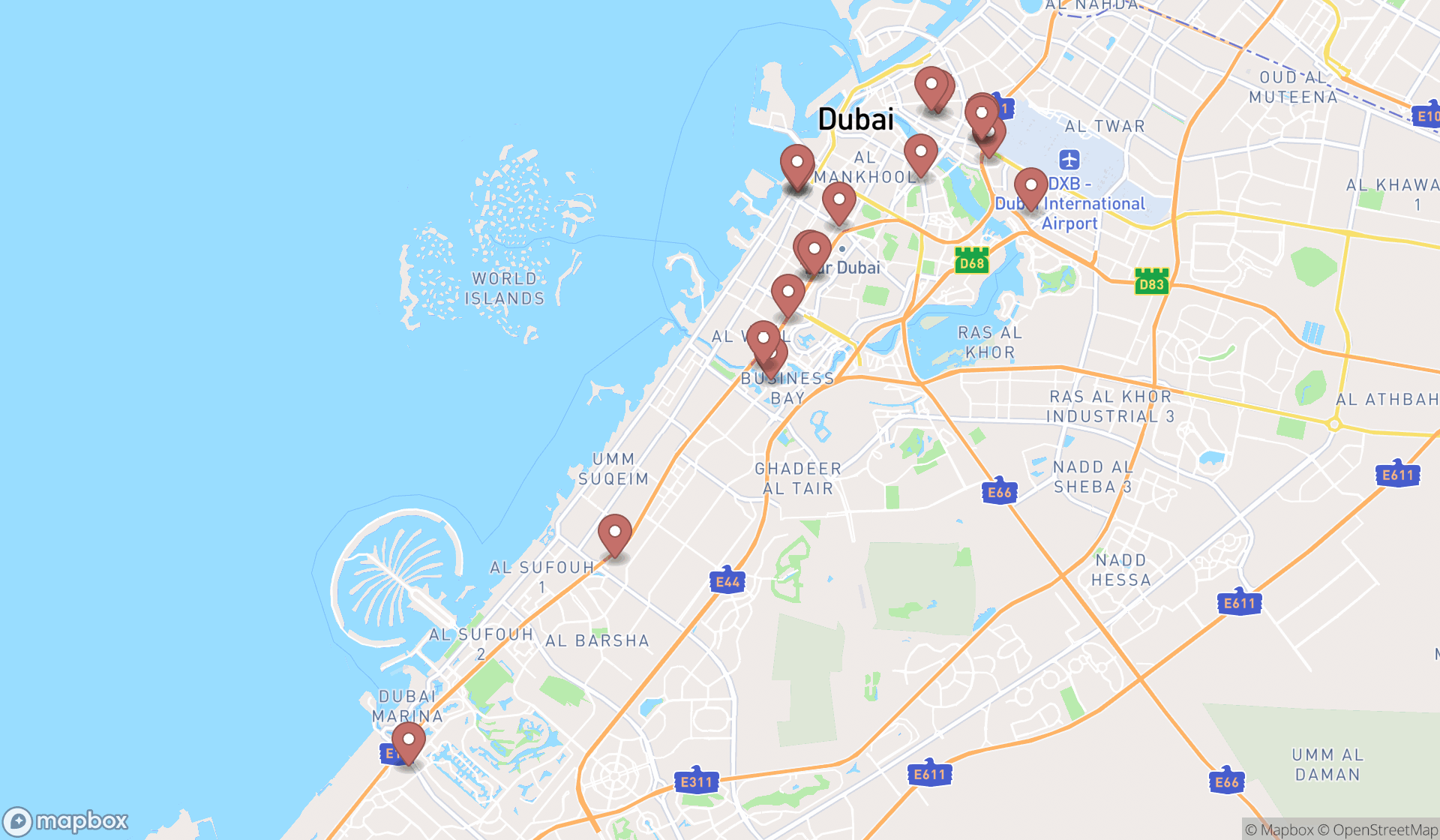 Map showing the search results in Dubai