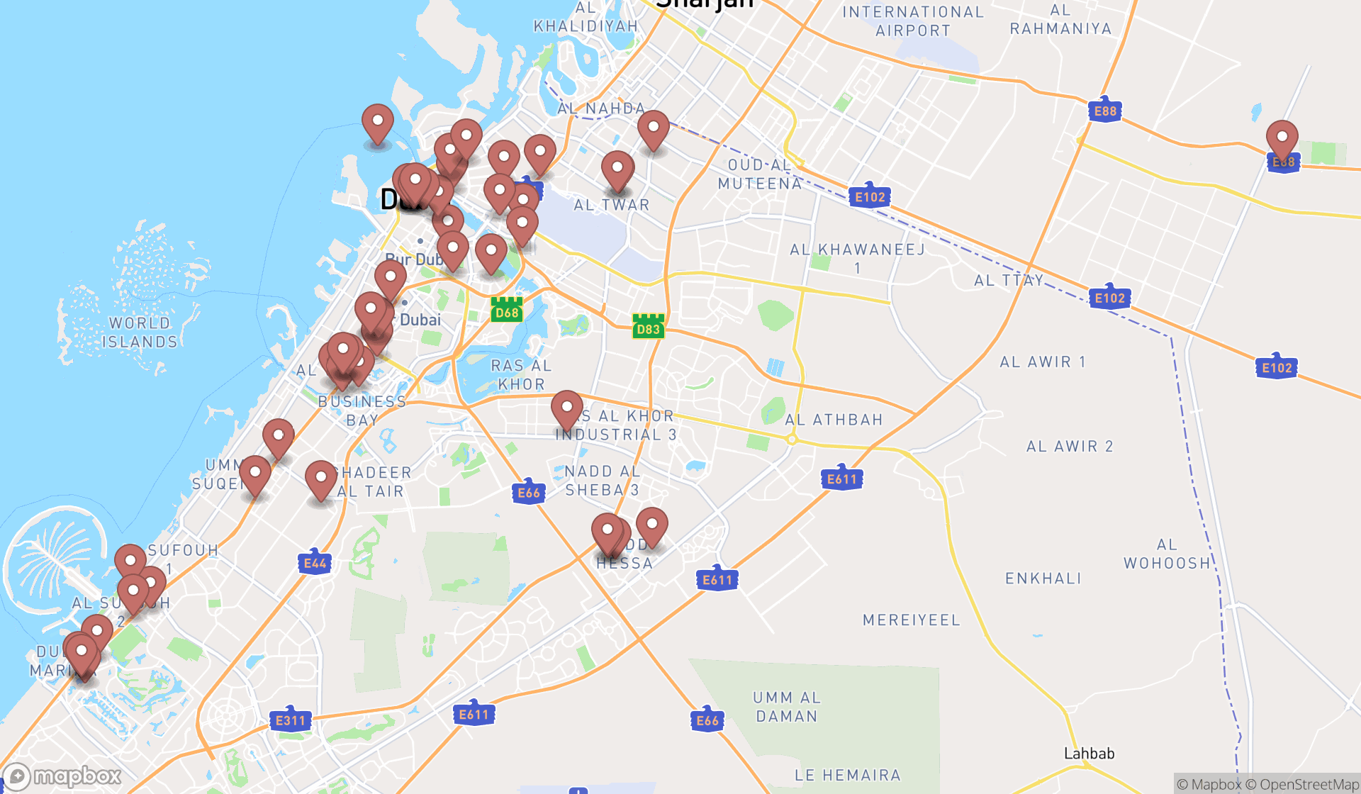 Map showing the search results in Dubai
