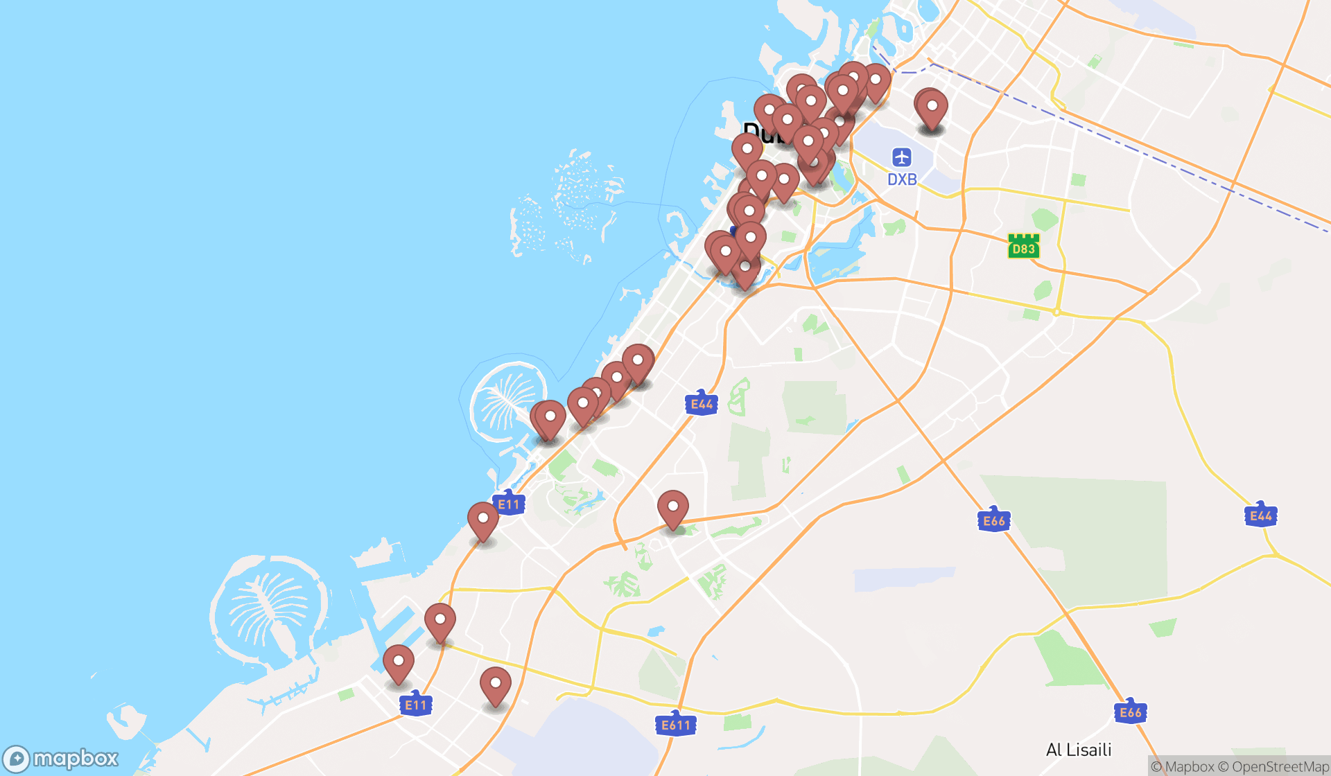 Map showing the search results in Dubai