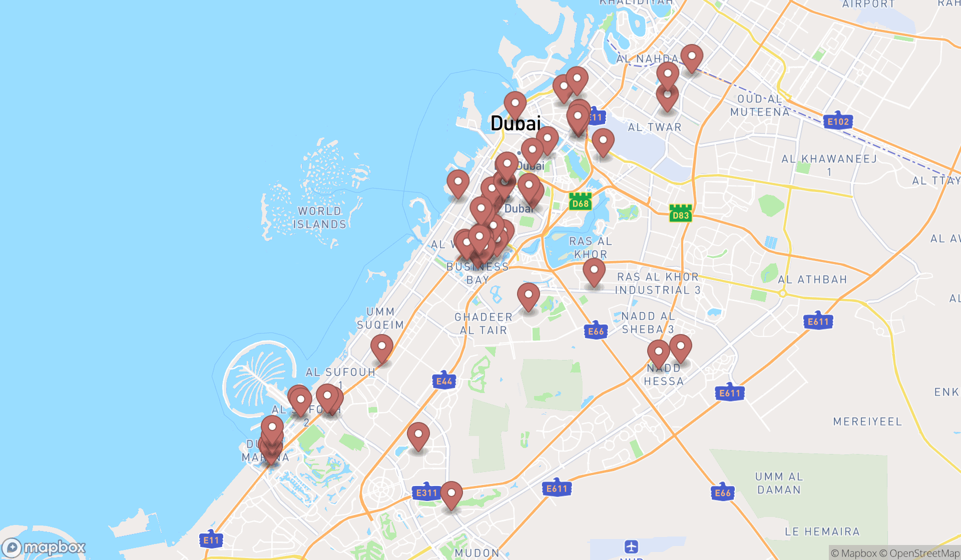 Map showing the search results in Dubai