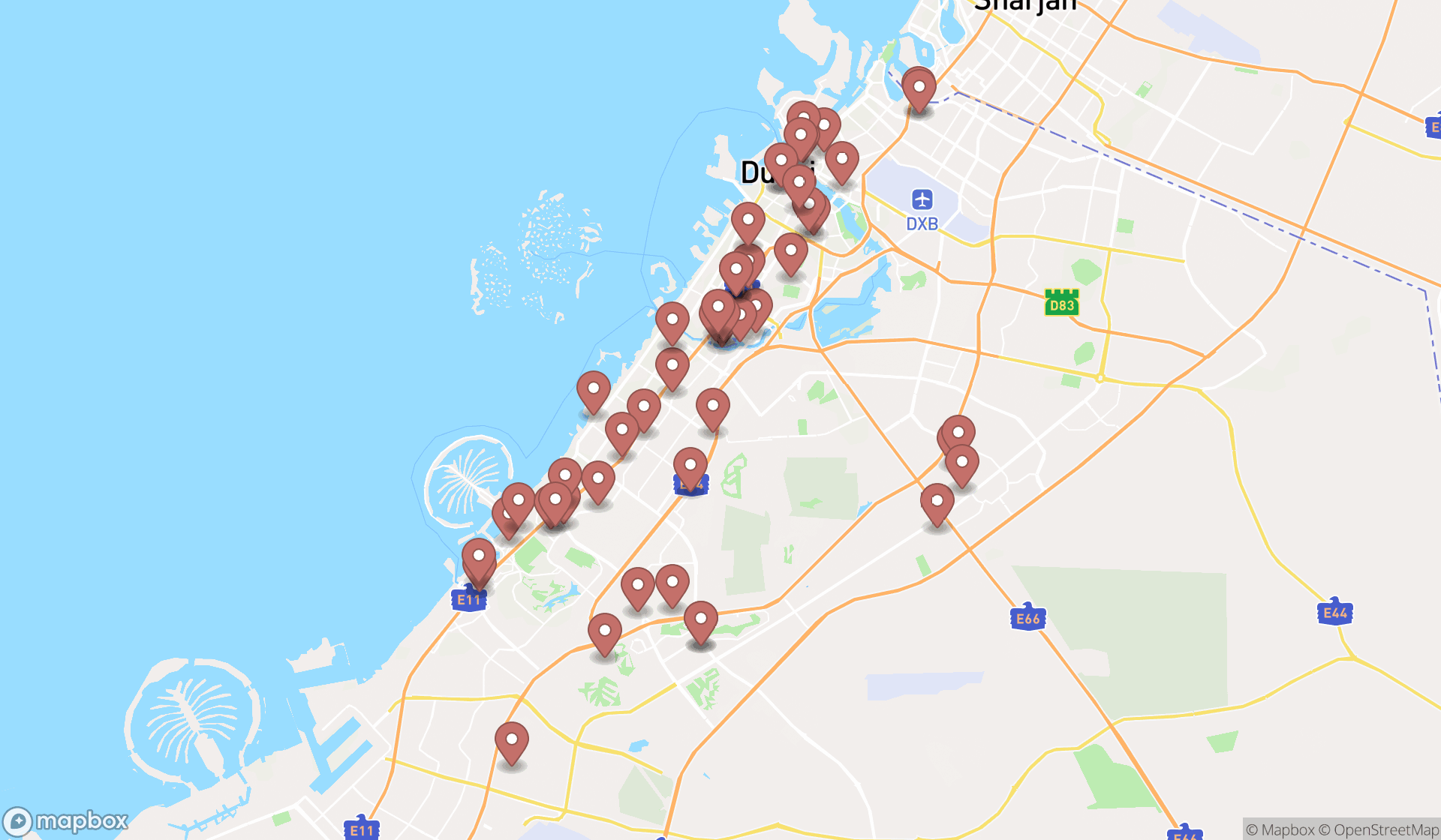 Map showing the search results in Dubai