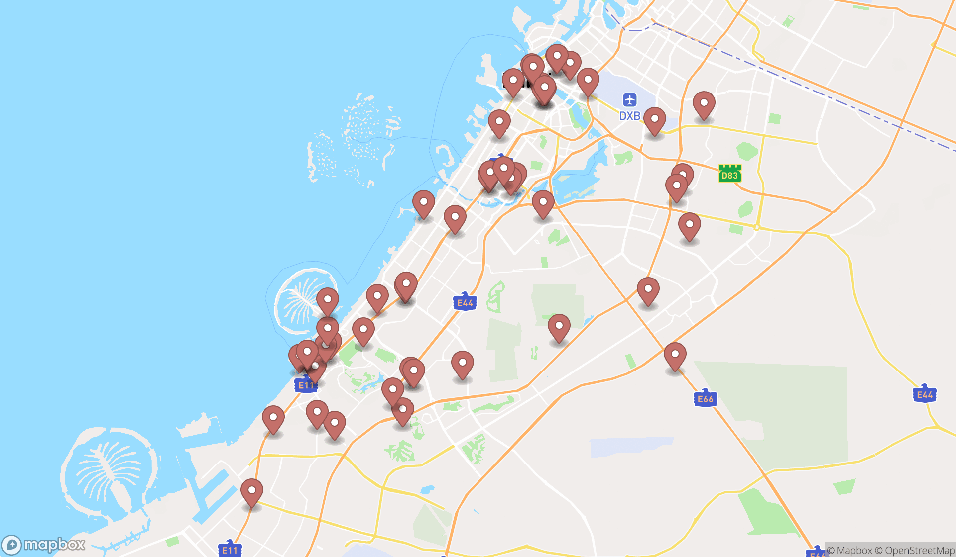 Map showing the search results in Dubai