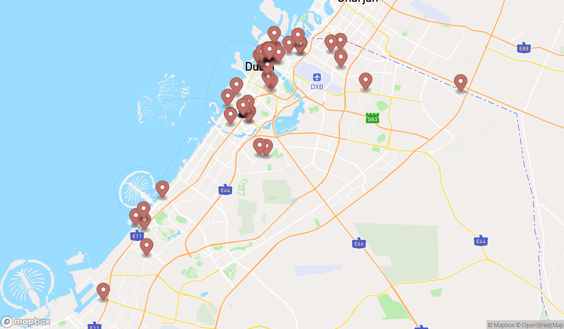 Map showing the search results in Dubai