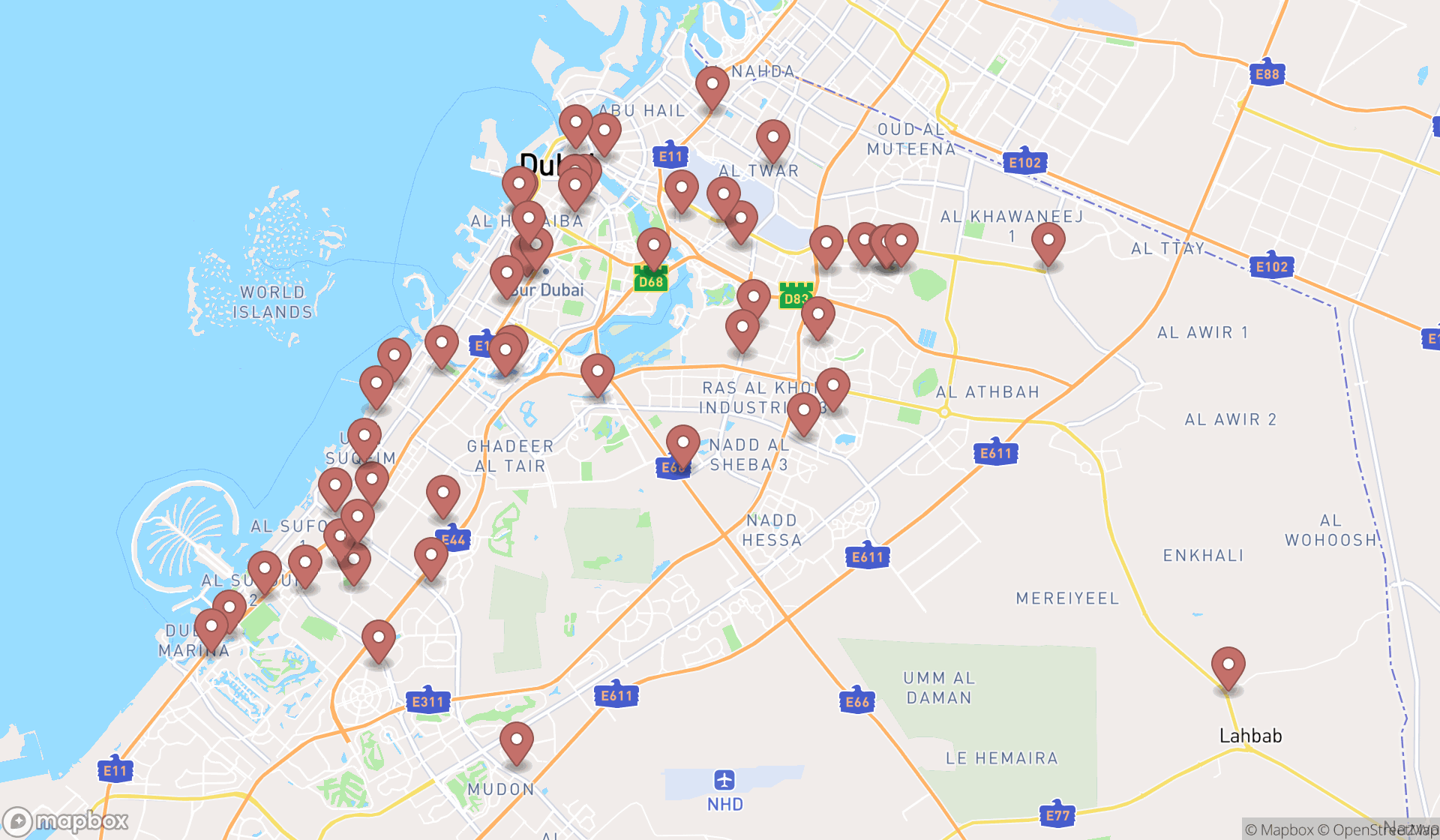 Map showing the search results in Dubai