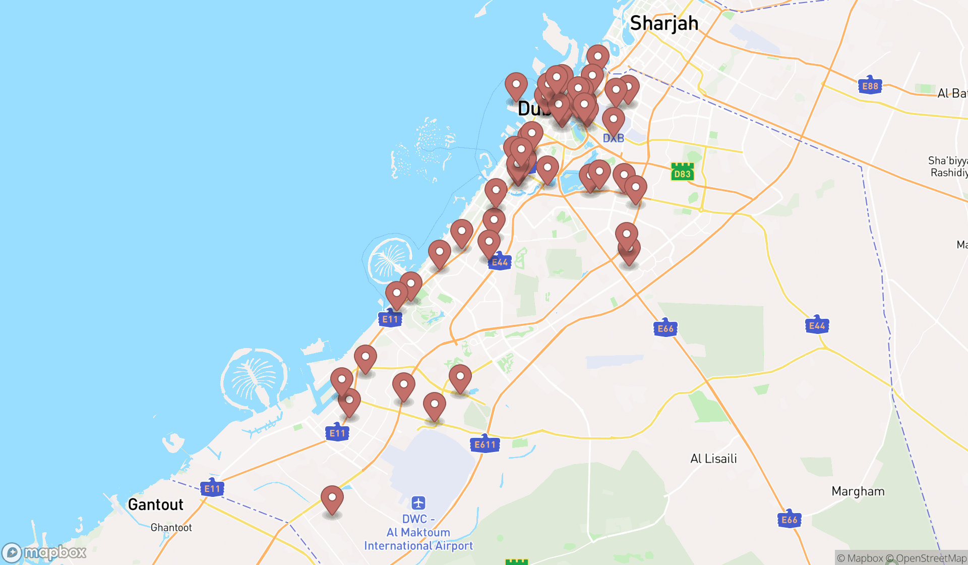 Map showing the search results in Dubai