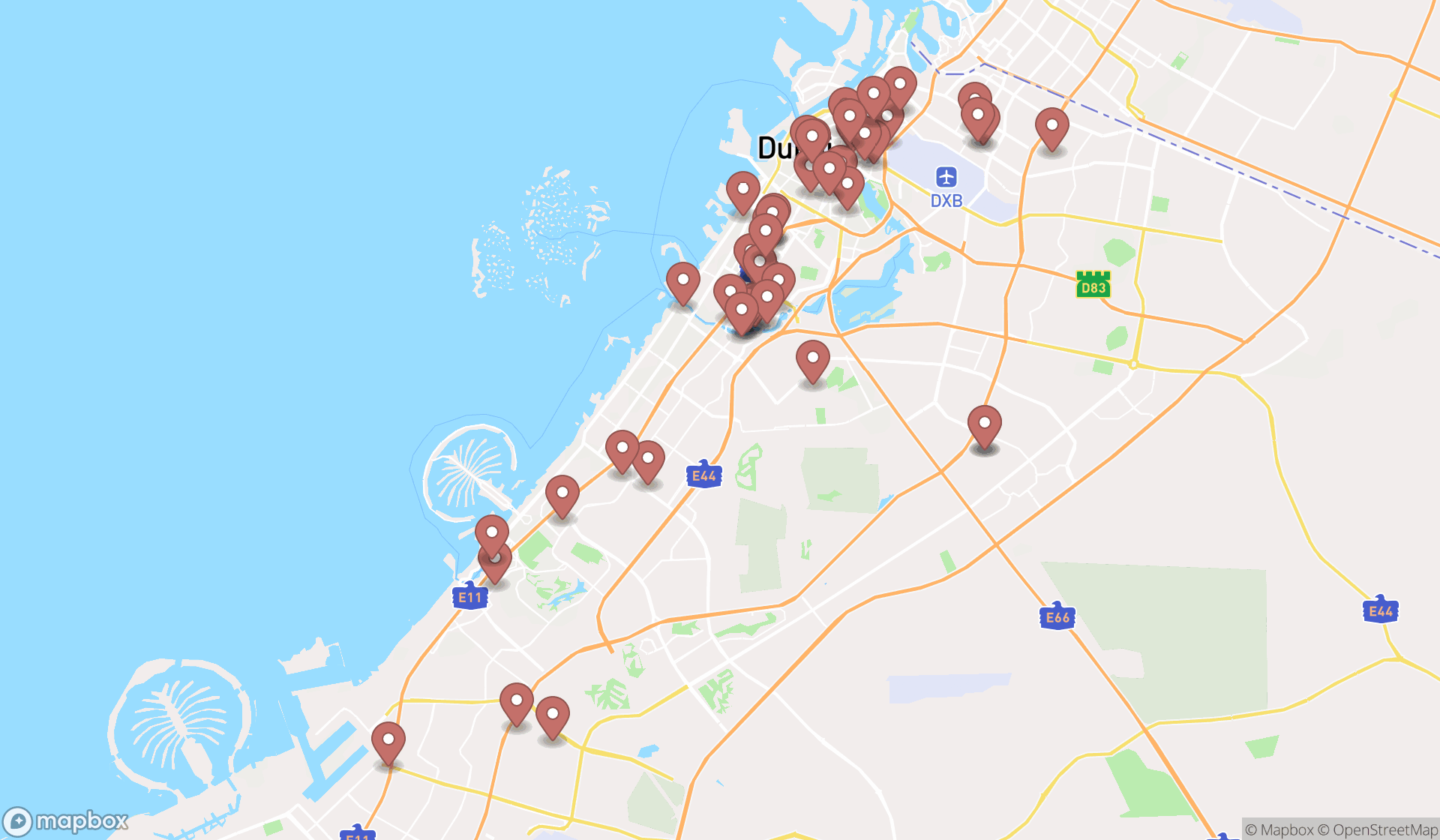 Map showing the search results in Dubai