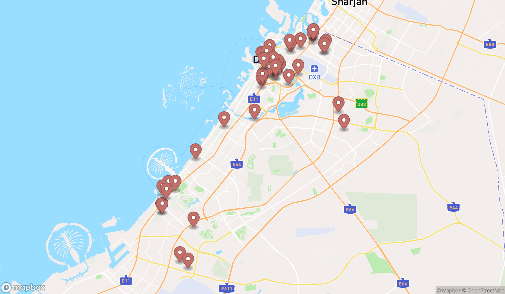 Map showing the search results in Dubai