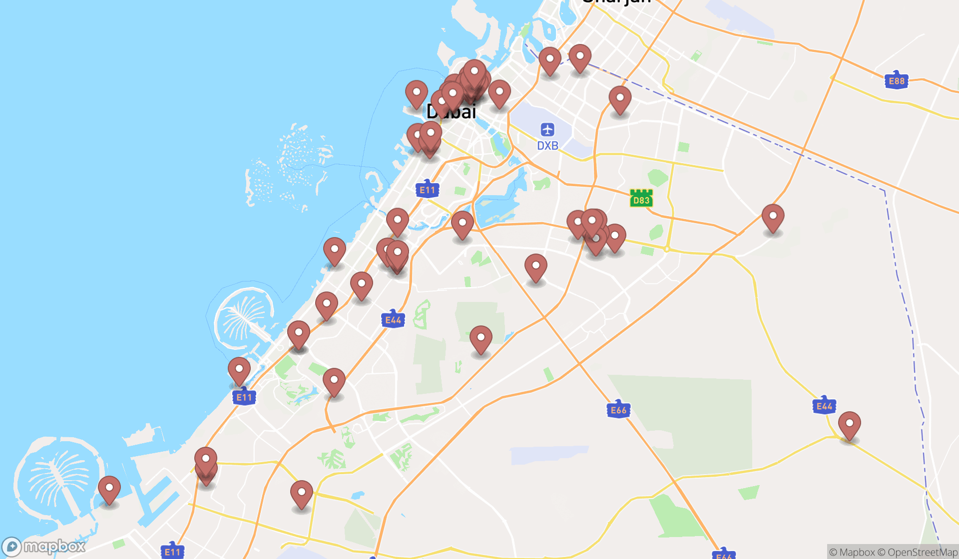 Map showing the search results in Dubai
