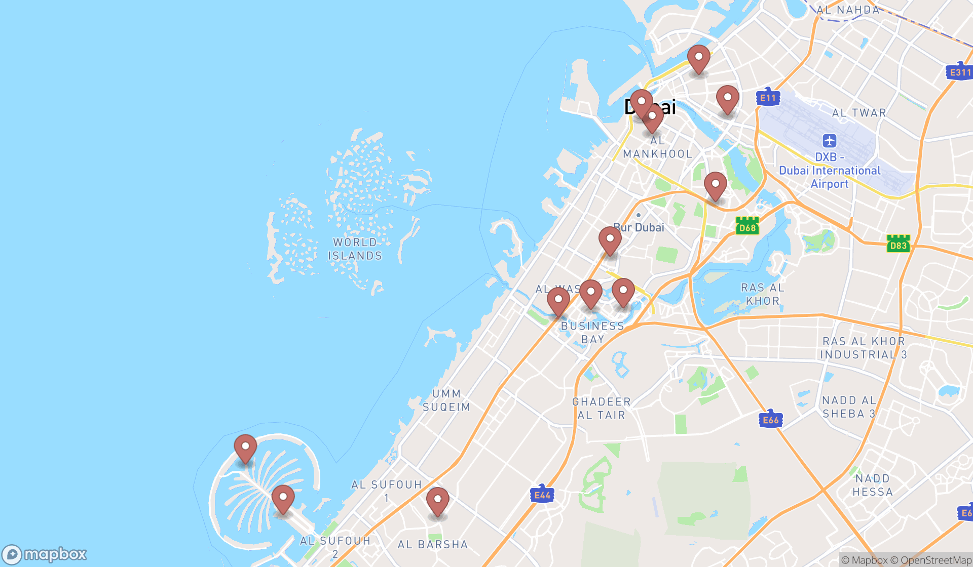 Map showing the search results in Dubai