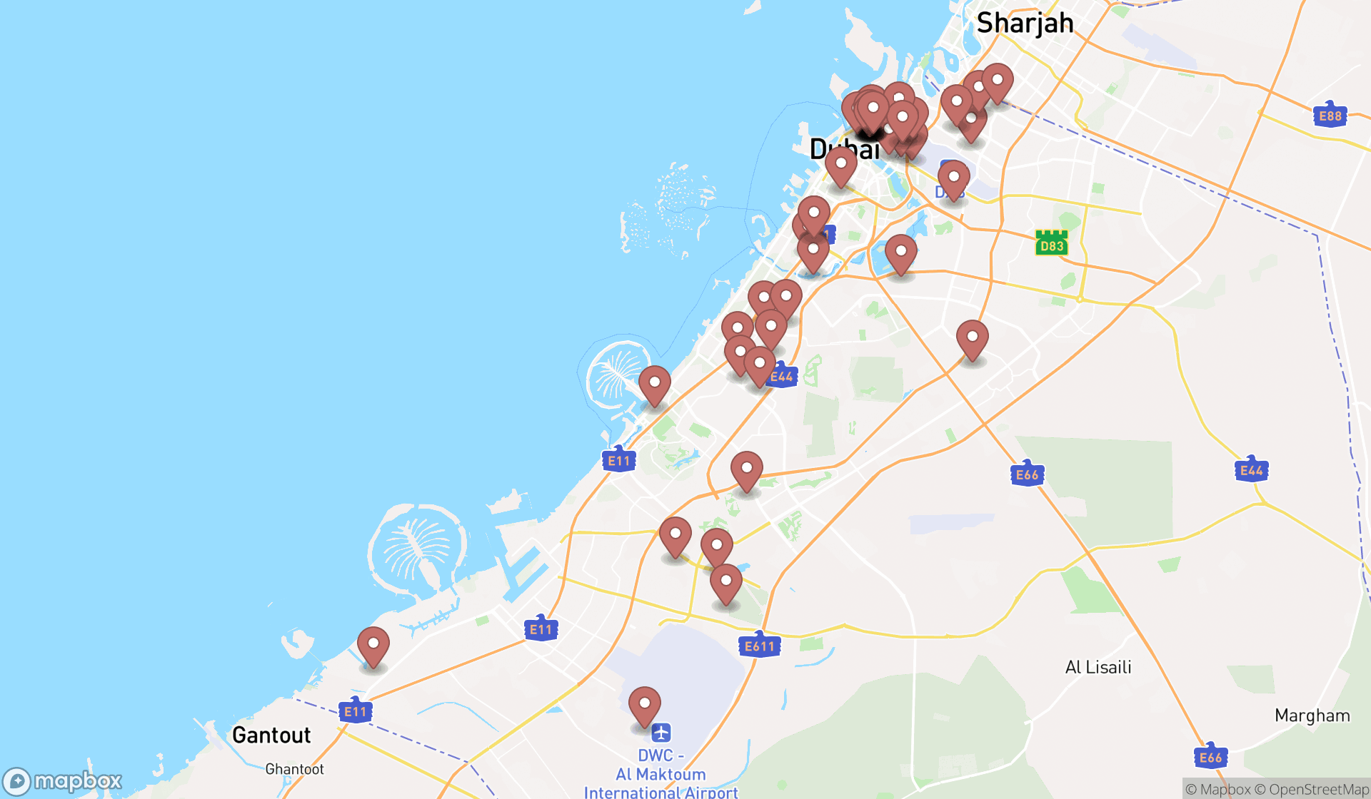 Map showing the search results in Dubai