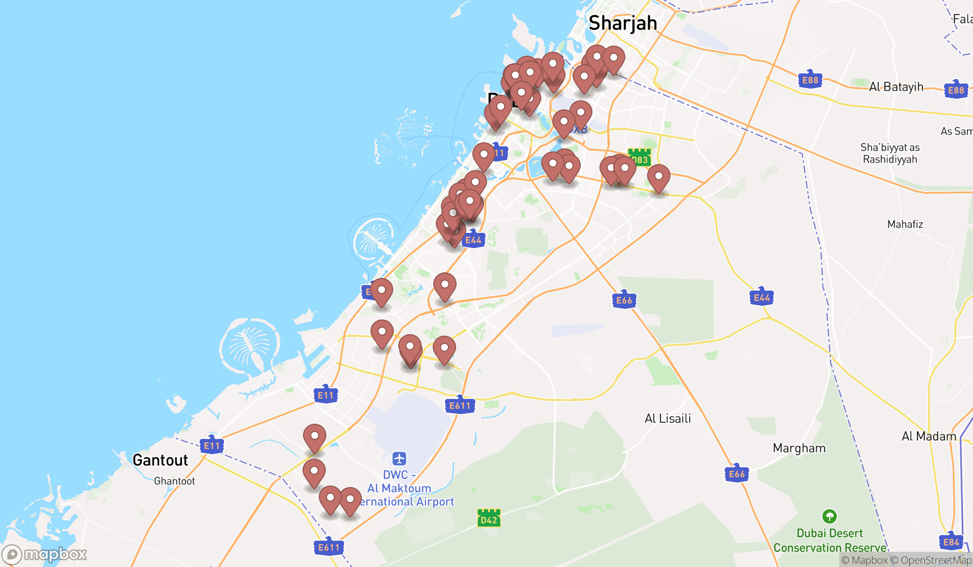 Map showing the search results in Dubai