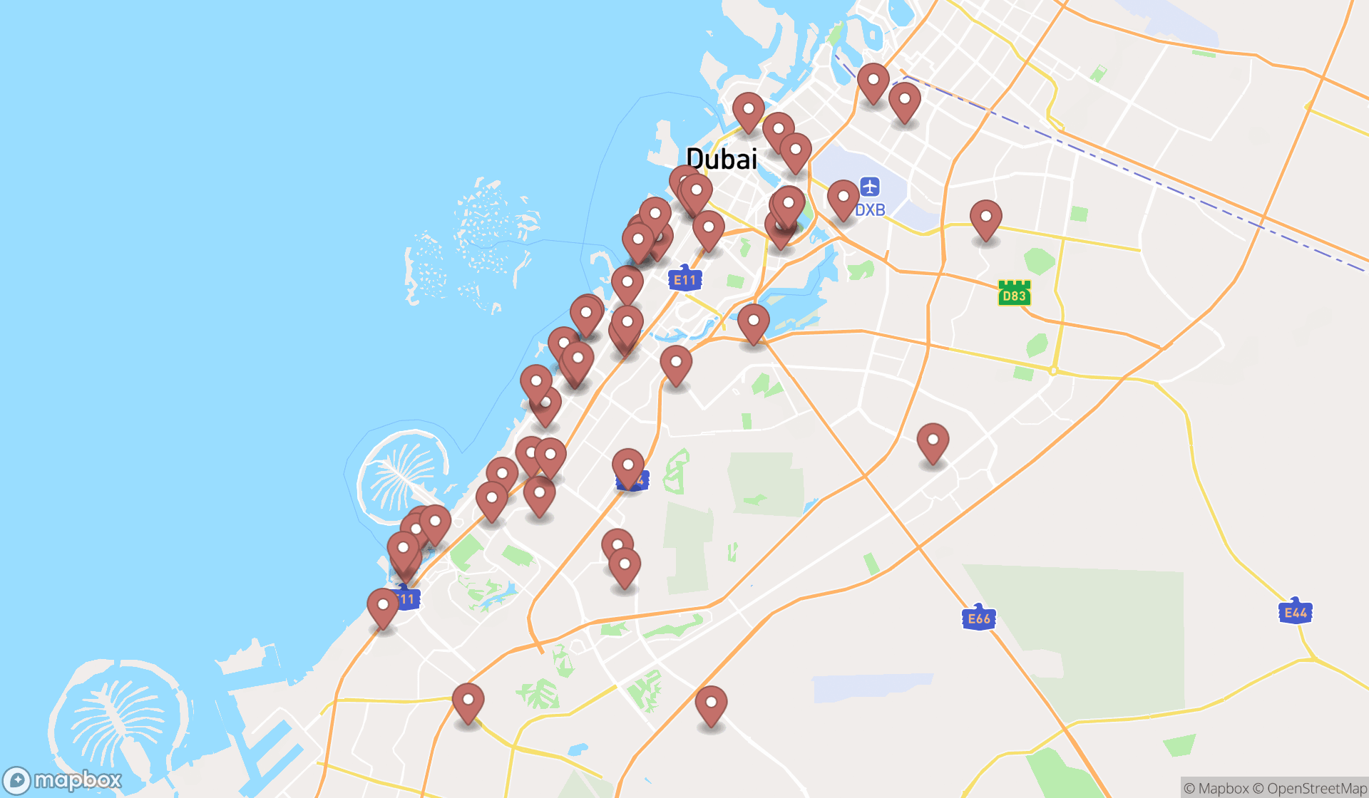 Map showing the search results in Dubai