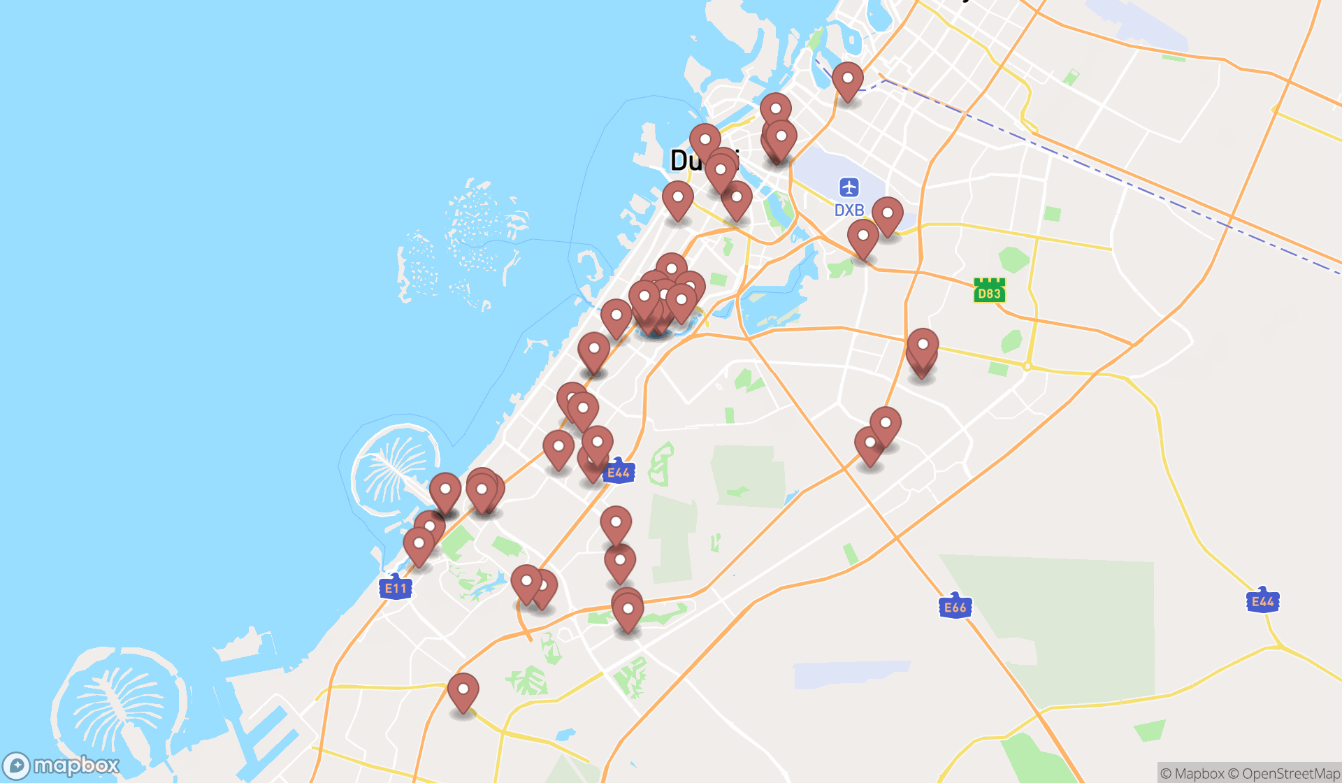 Map showing the search results in Dubai