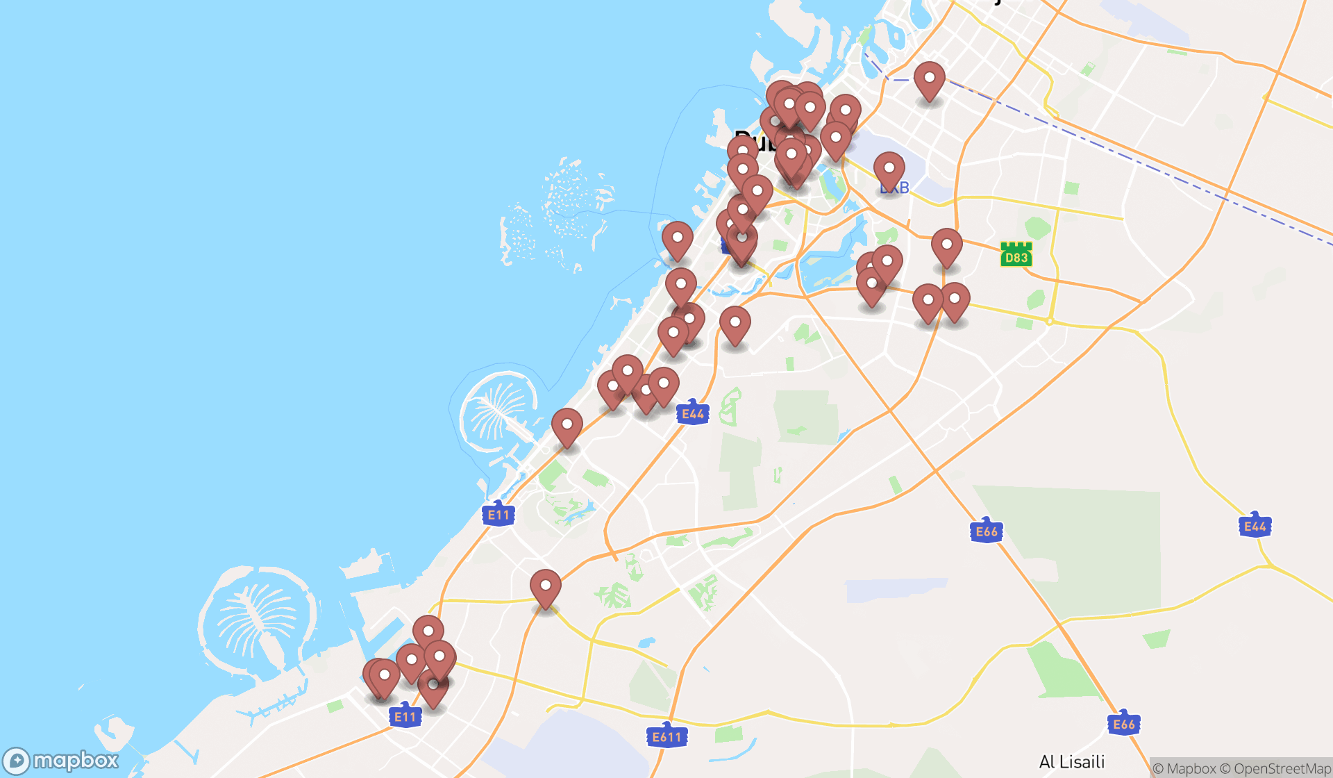 Map showing the search results in Dubai