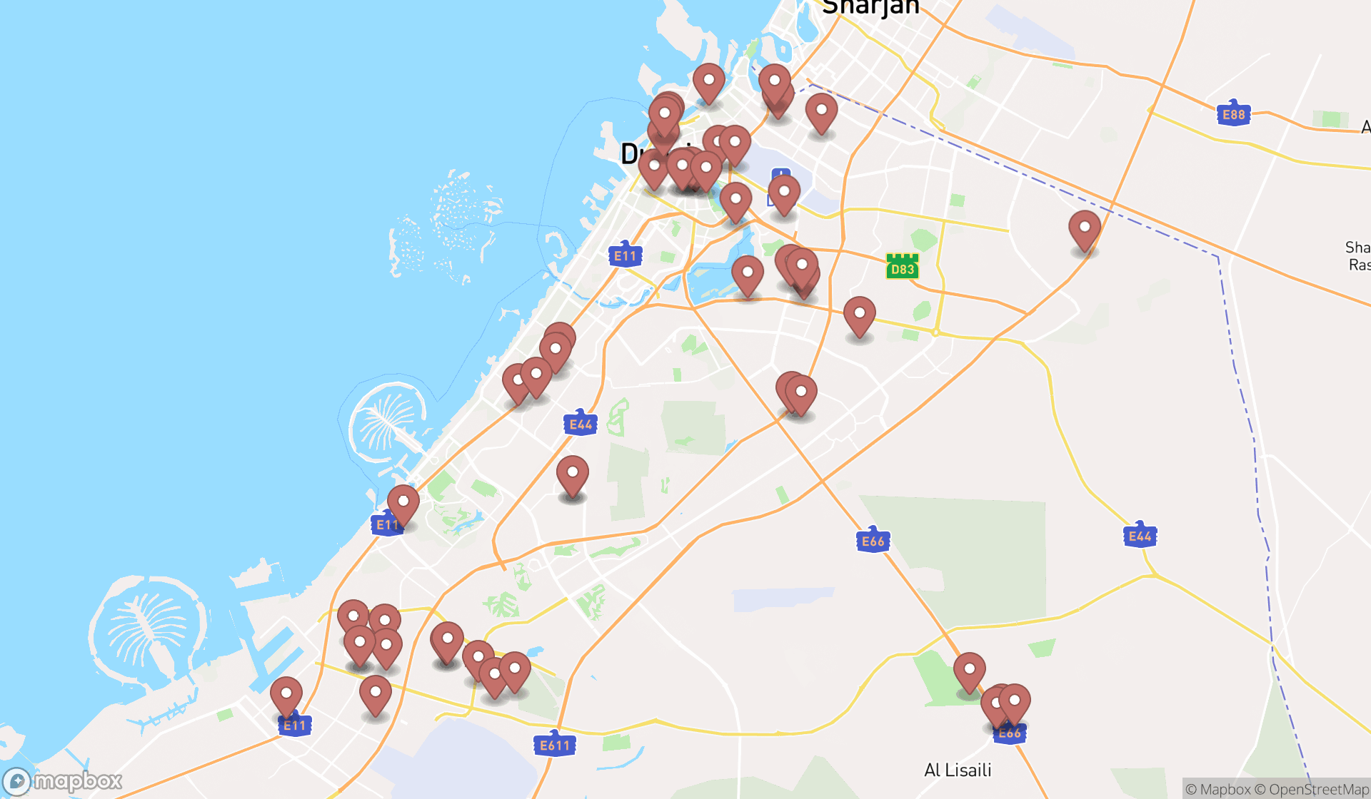 Map showing the search results in Dubai