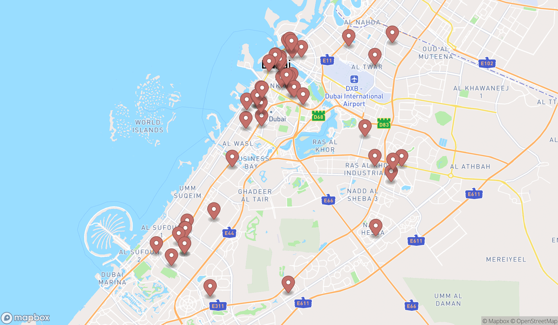 Map showing the search results in Dubai