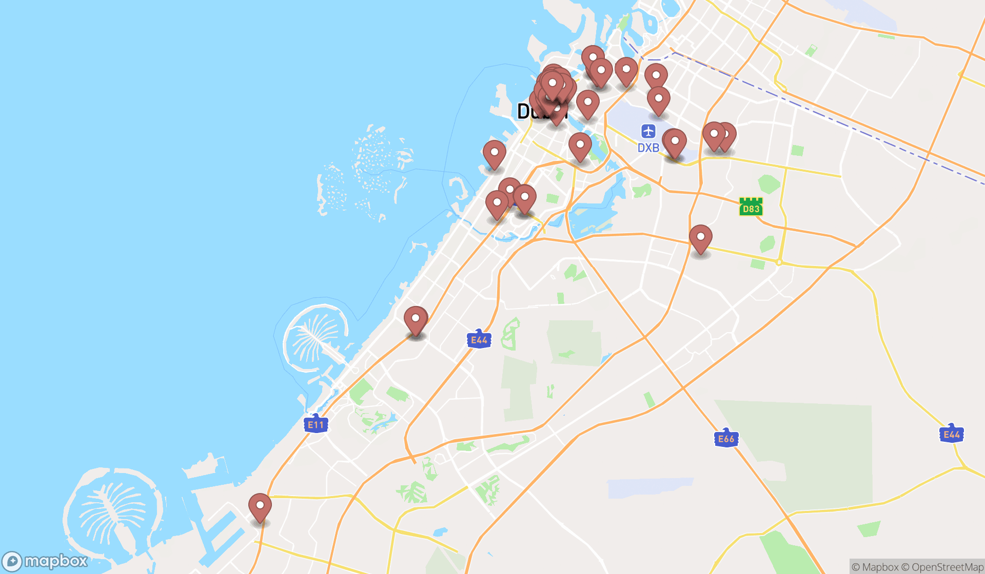 Map showing the search results in Dubai