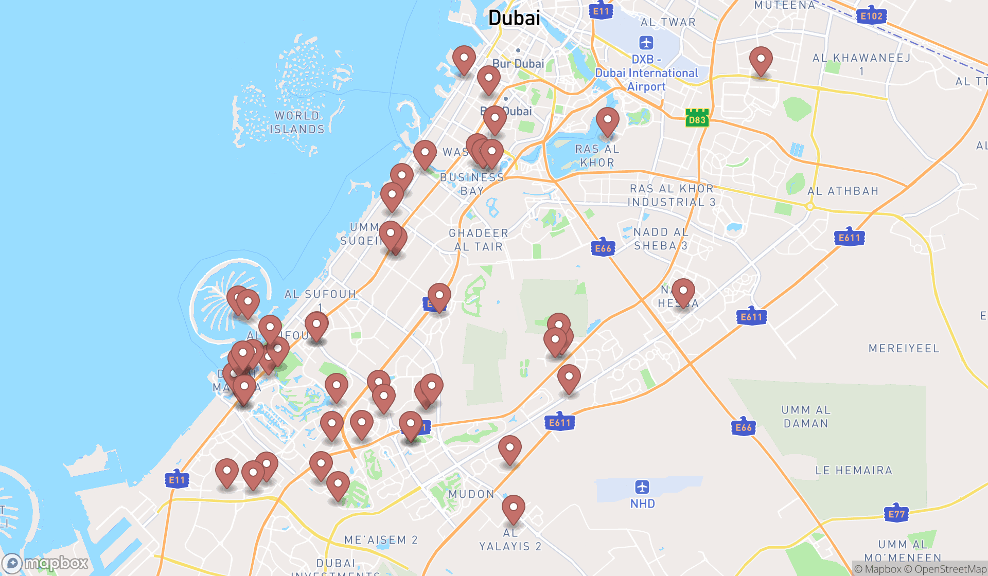 Map showing the search results in Dubai
