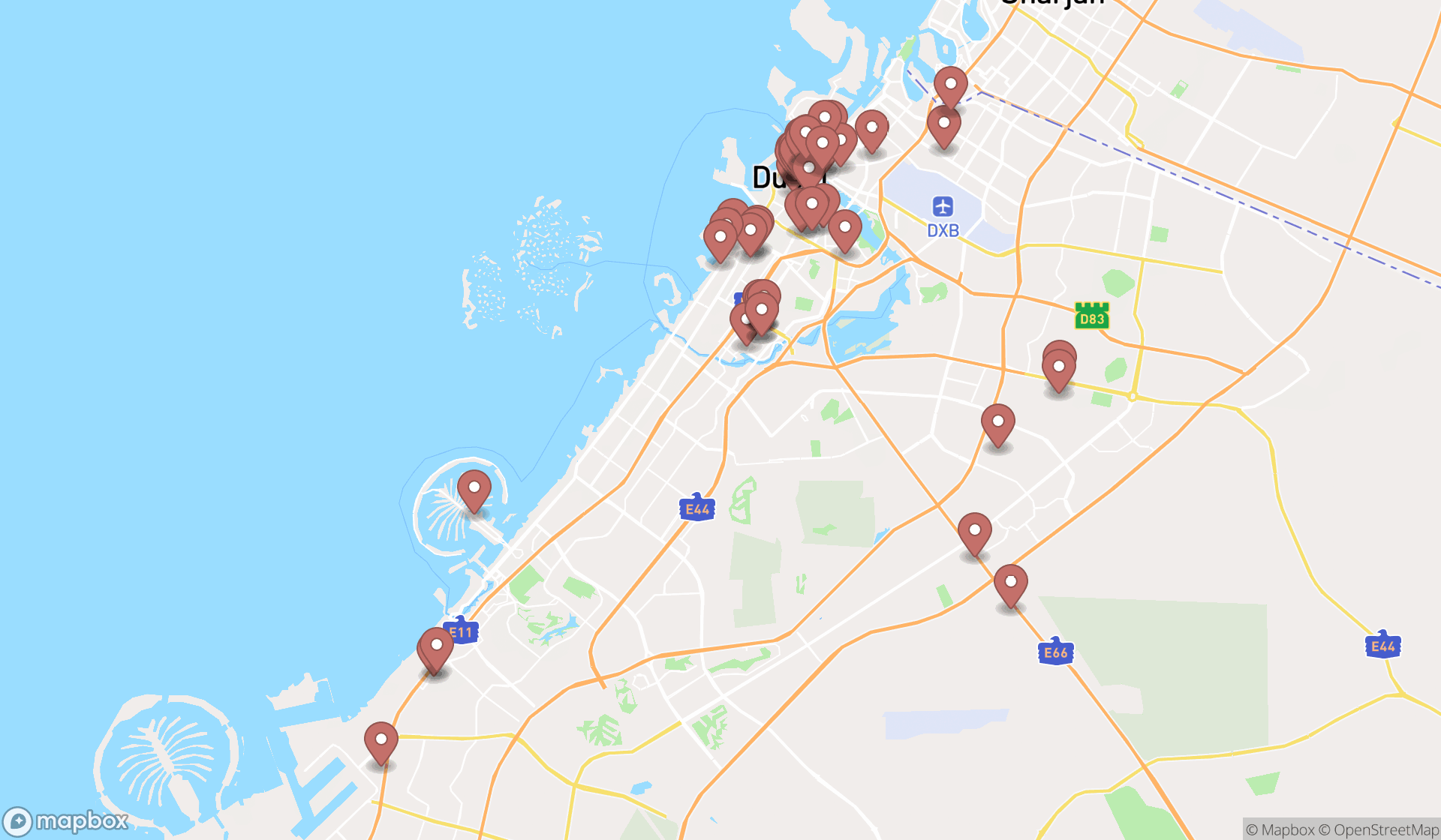 Map showing the search results in Dubai