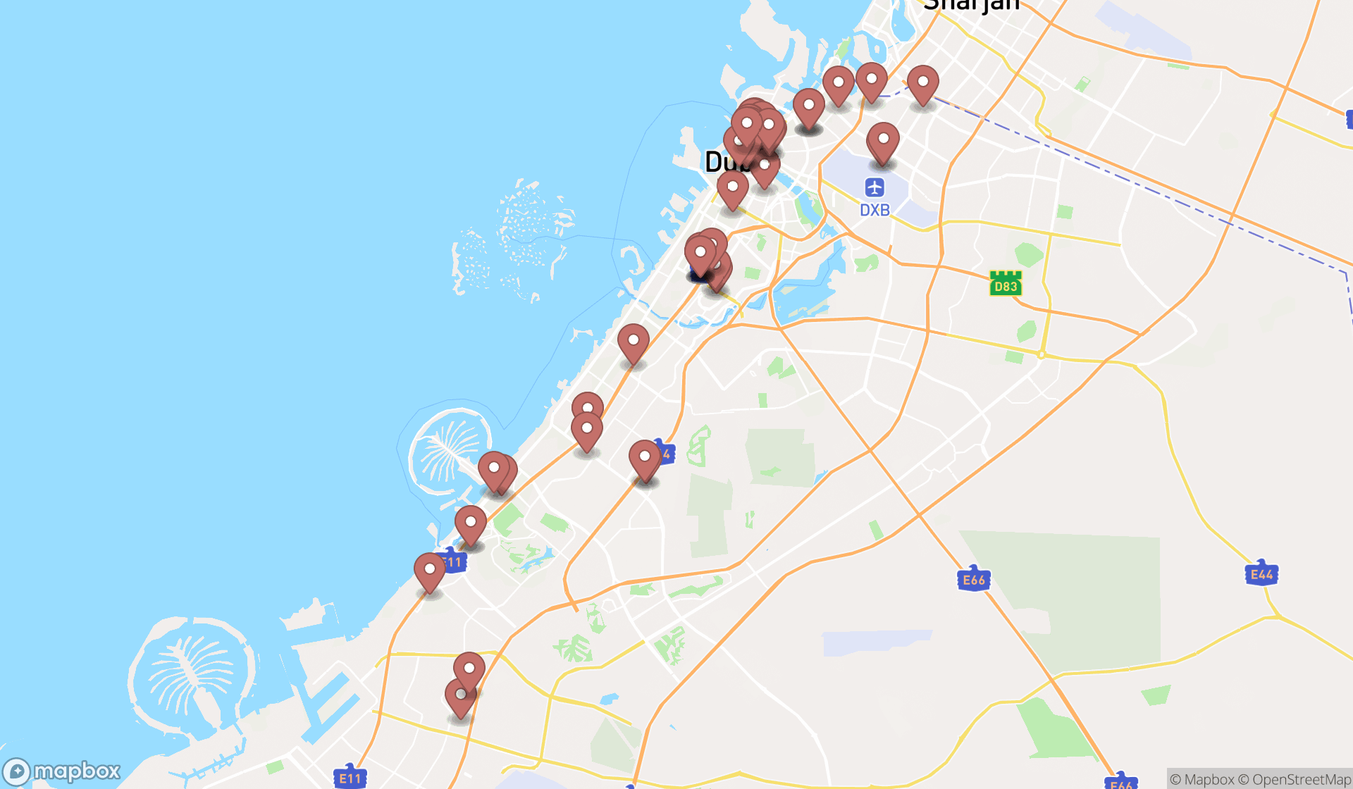Map showing the search results in Dubai