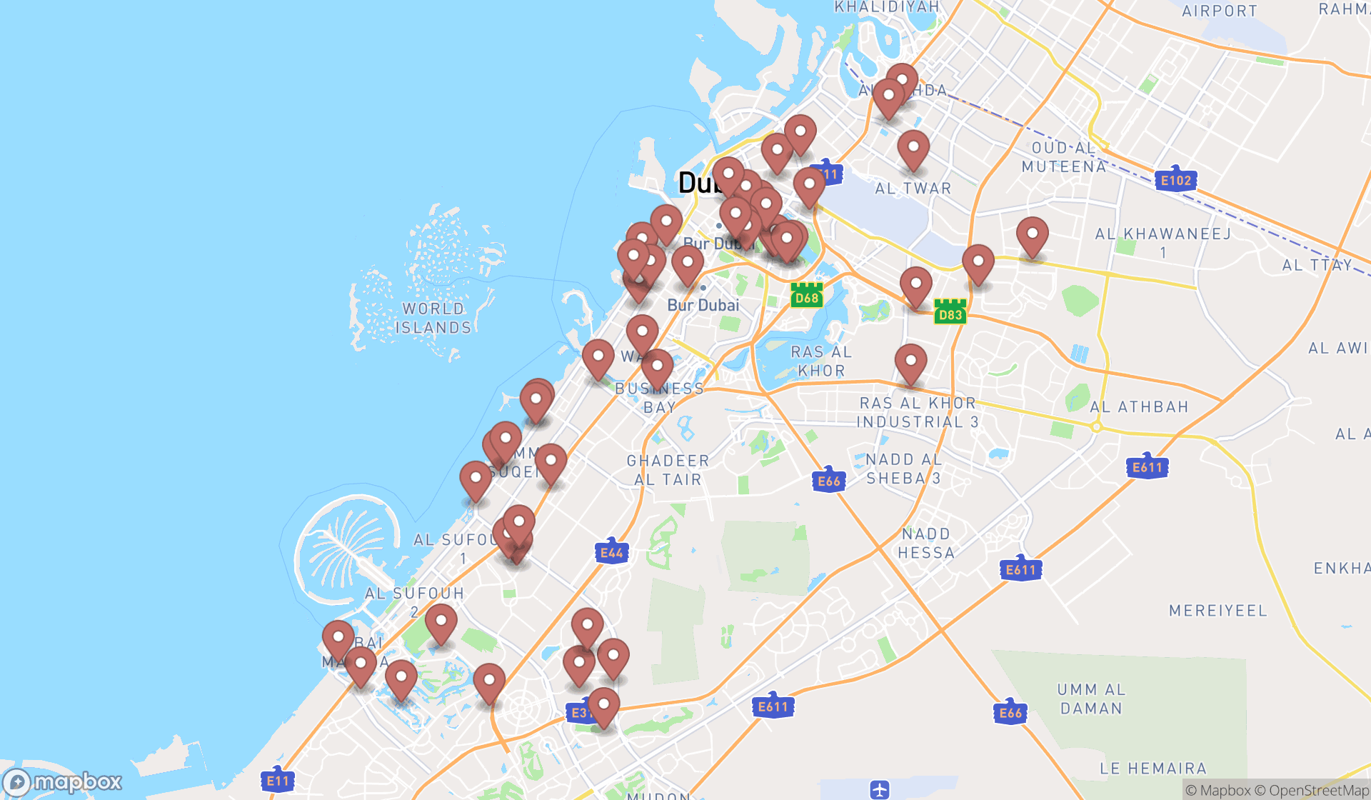 Map showing the search results in Dubai