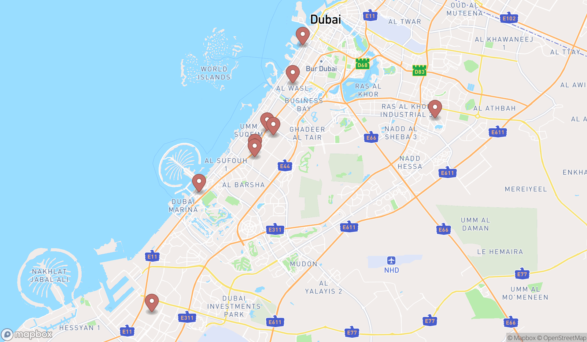 Map showing the search results in Dubai
