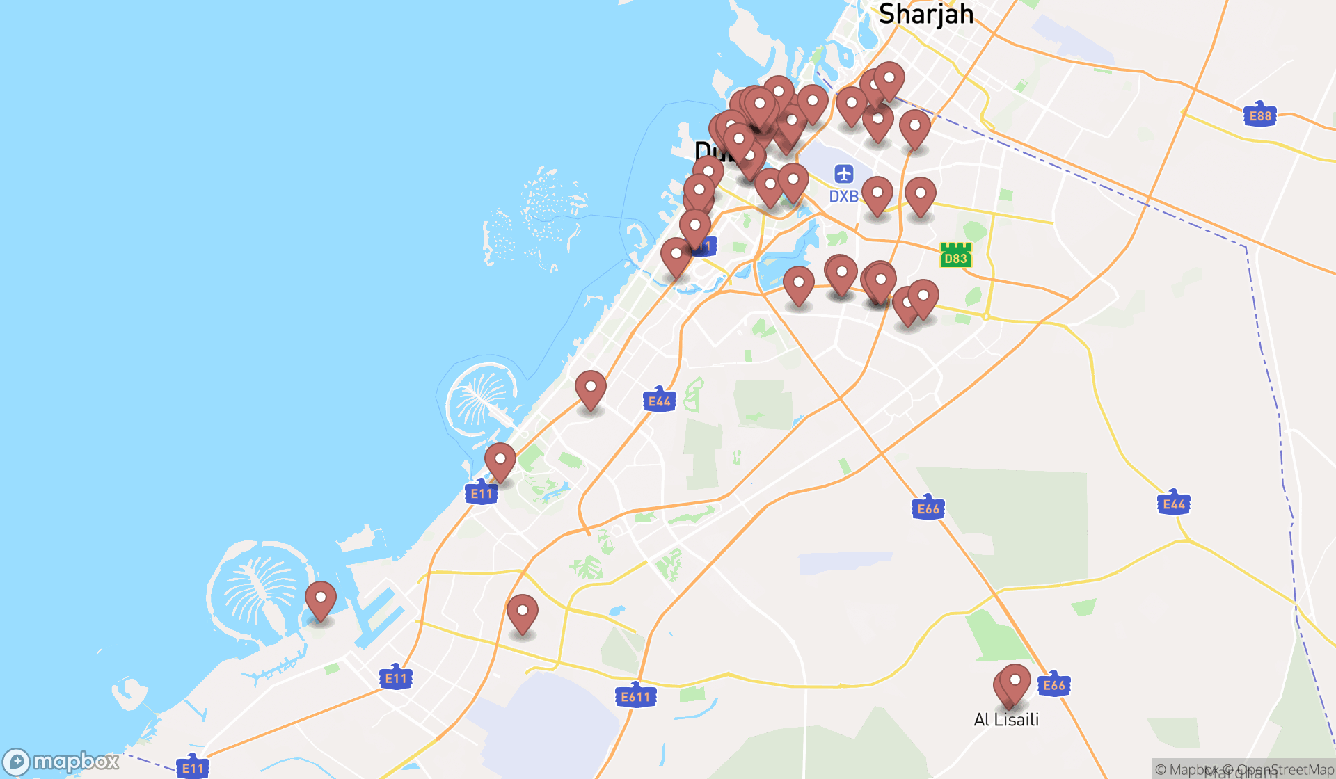 Map showing the search results in Dubai