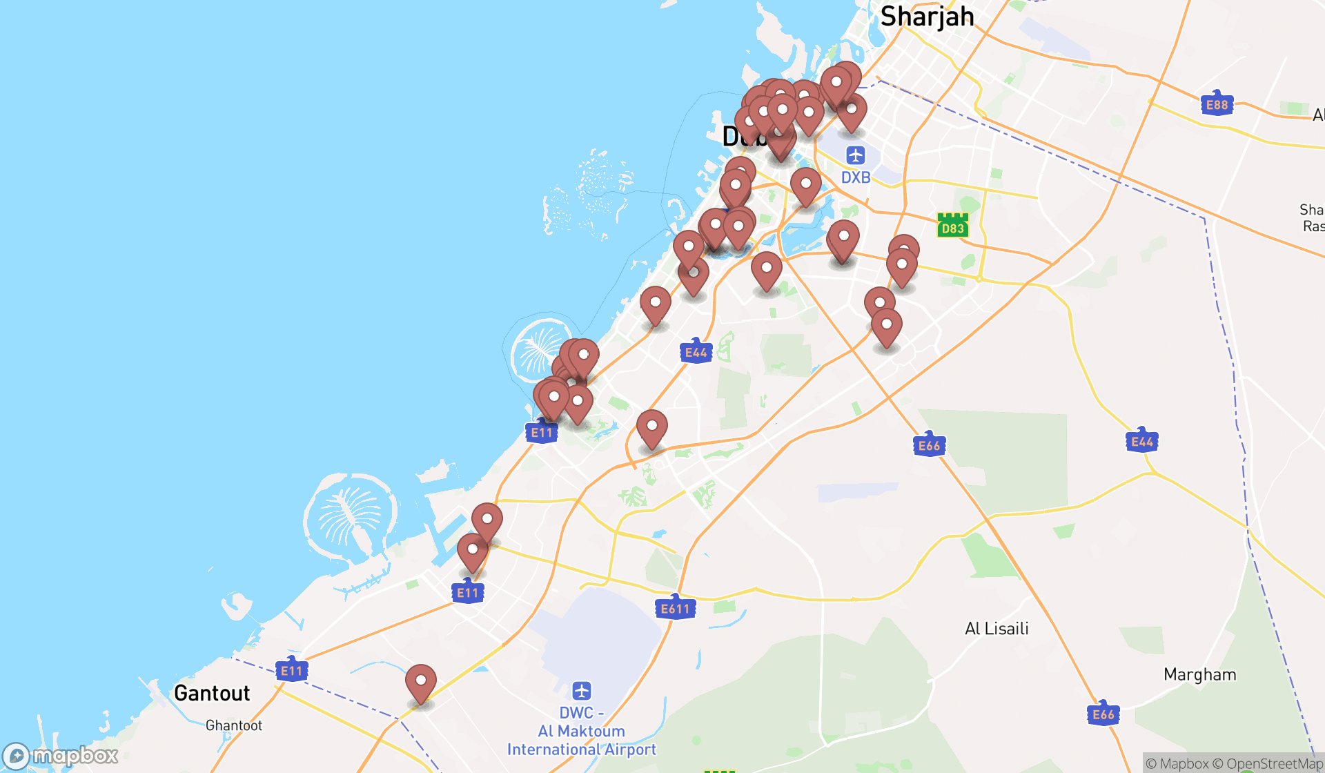 Map showing the search results in Dubai