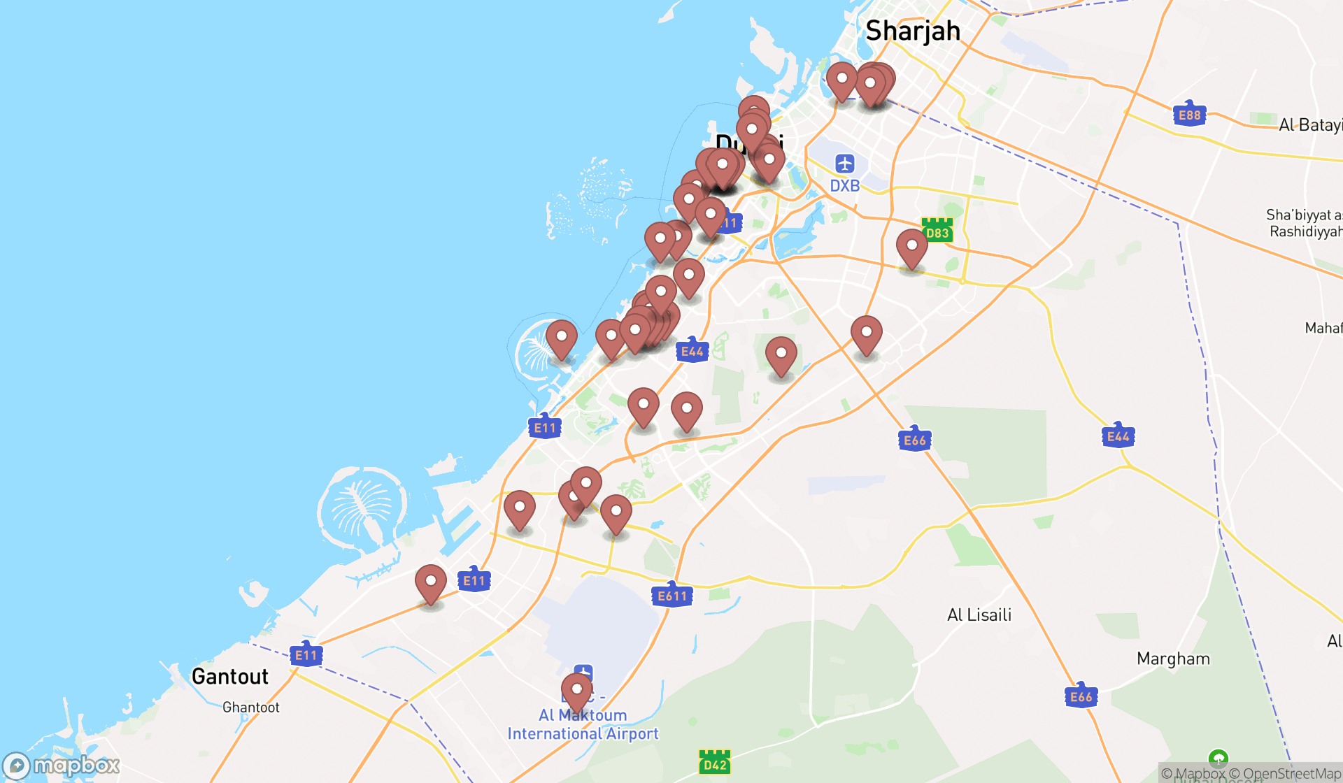 Map showing the search results in Dubai