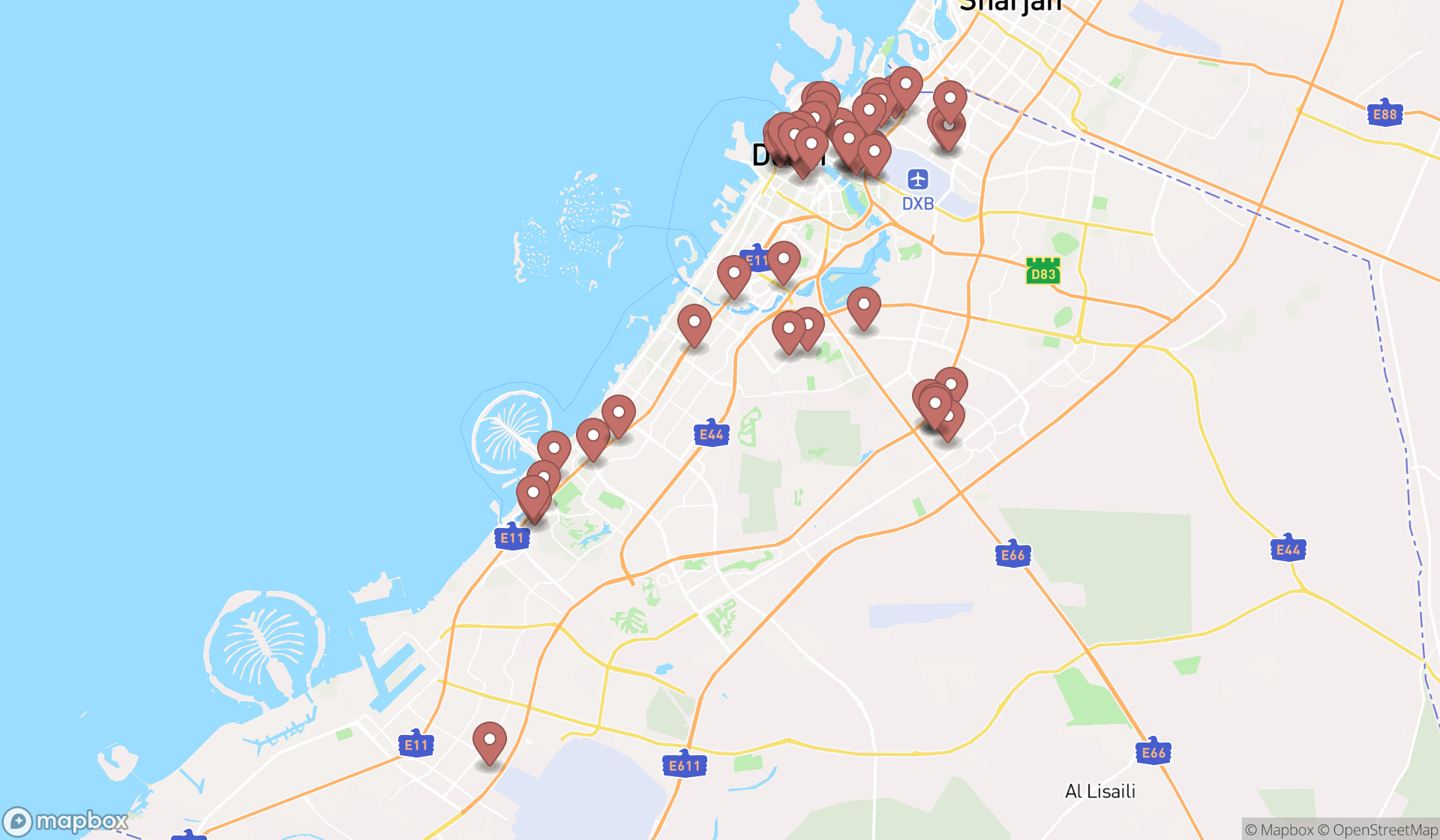 Map showing the search results in Dubai