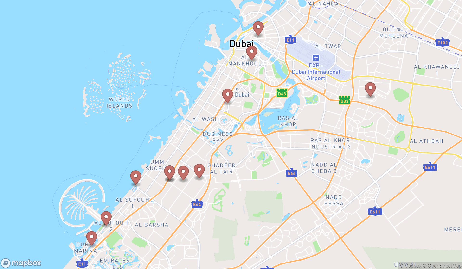 Map showing the search results in Dubai