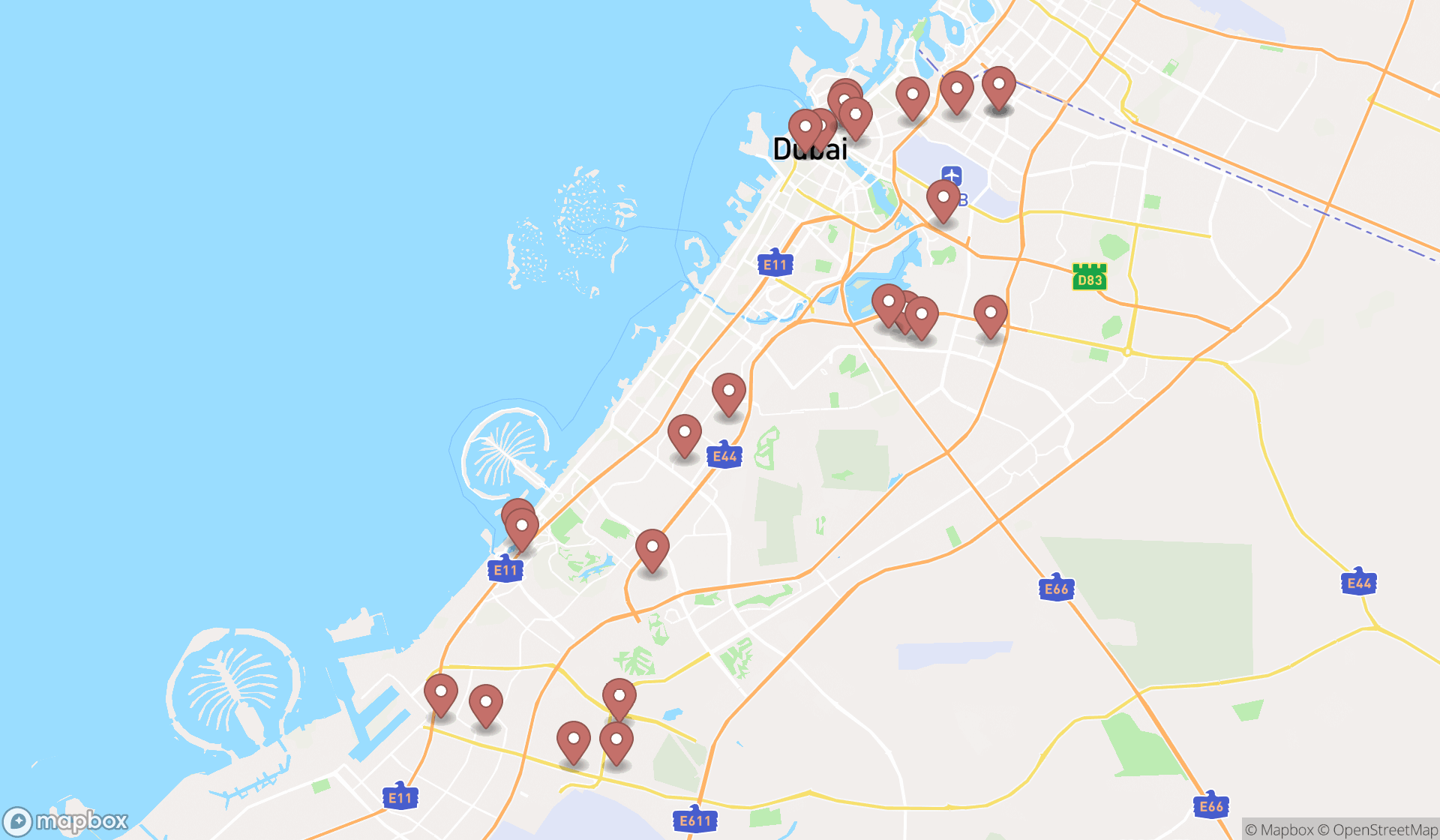 Map showing the search results in Dubai
