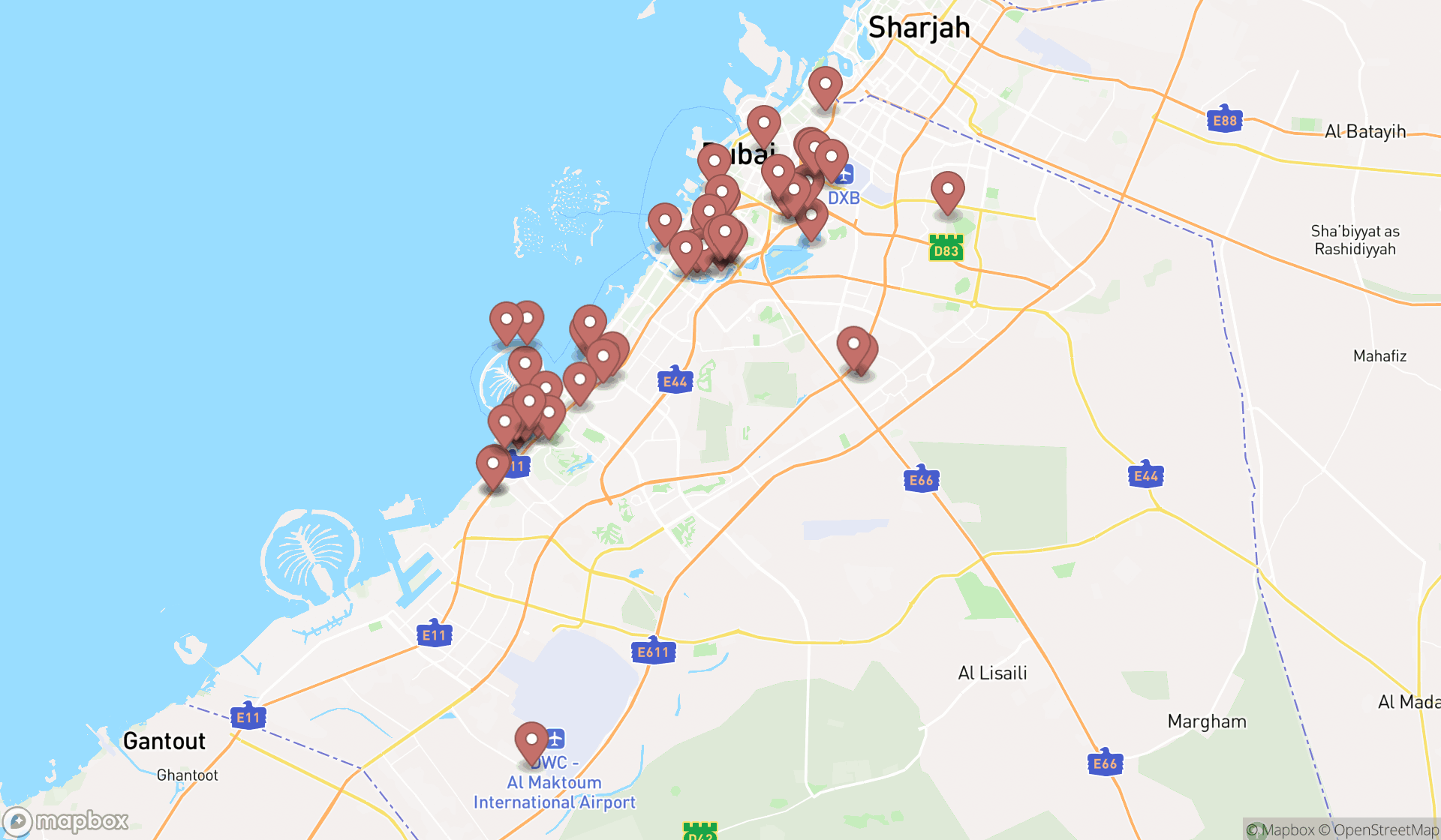 Map showing the search results in Dubai