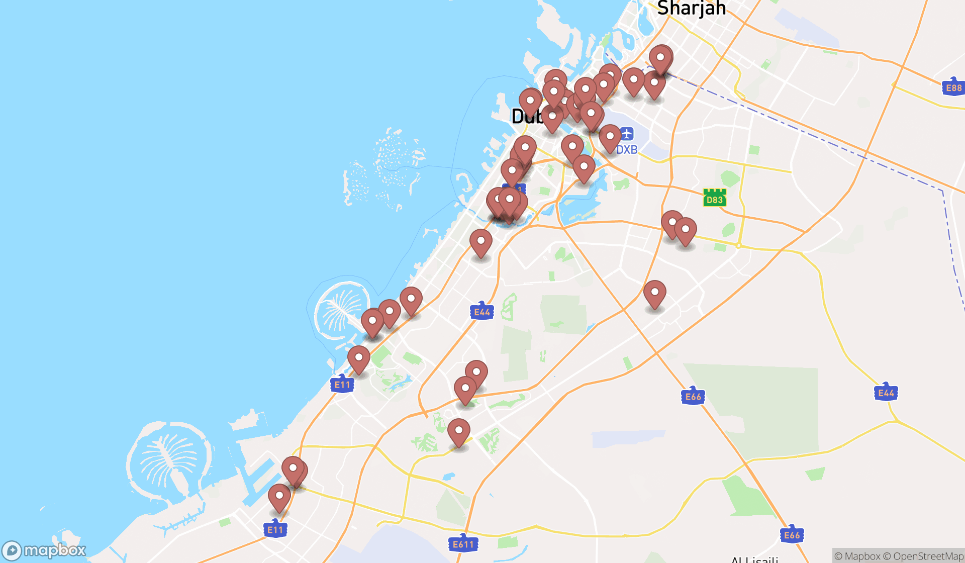 Map showing the search results in Dubai