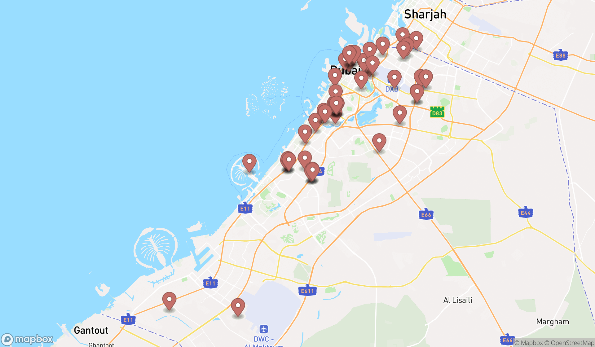 Map showing the search results in Dubai